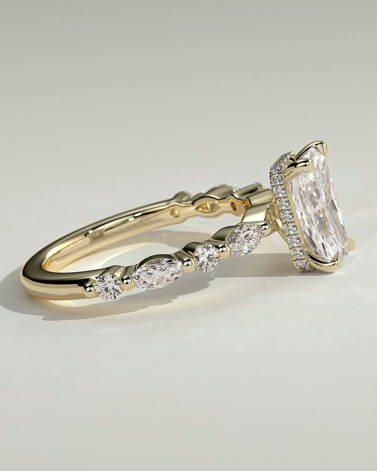 Kyla - 4 Claw Radiant with Hidden Halo & Accent Stones - 18k Yellow Gold