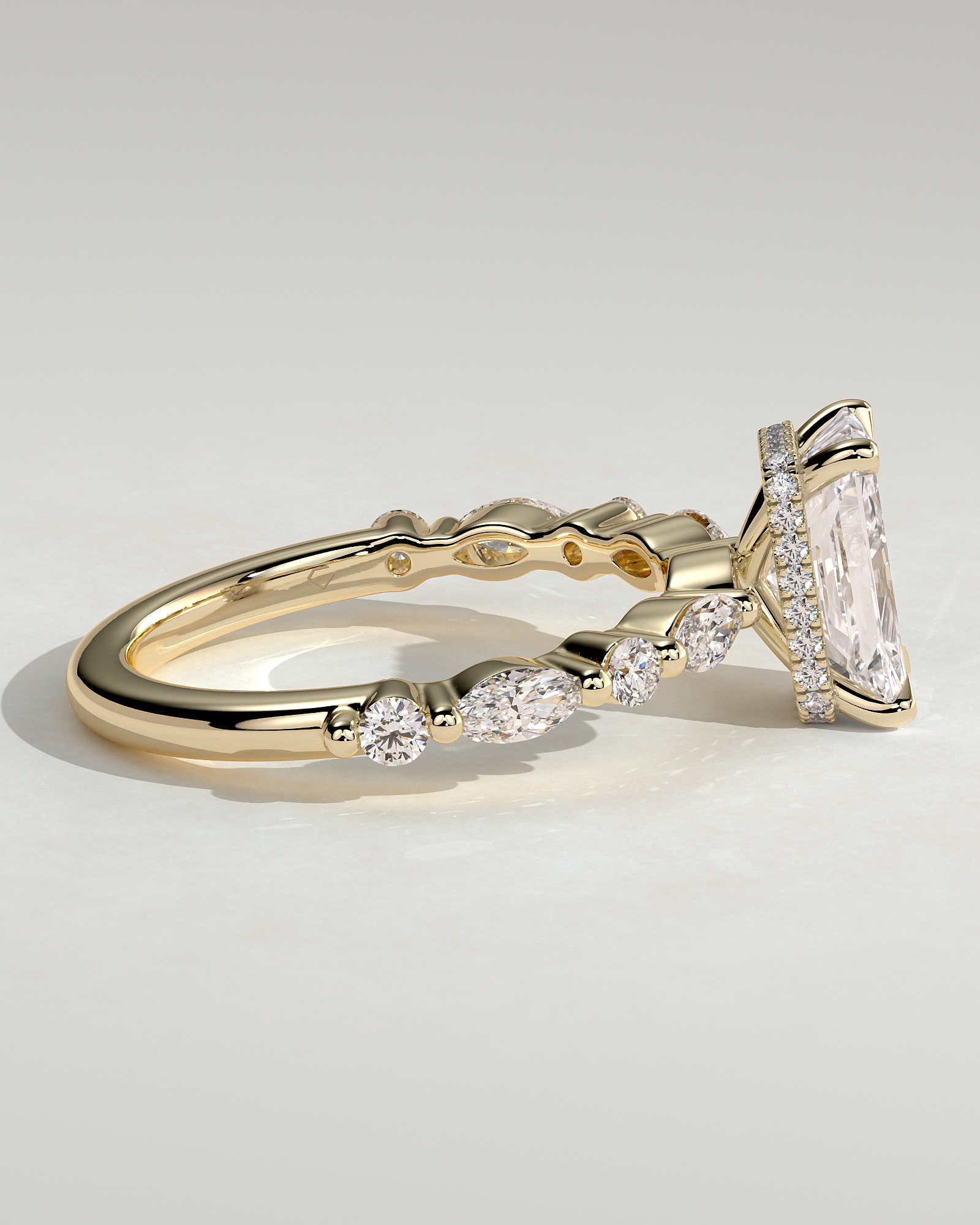 Kyla - 4 Claw Radiant with Hidden Halo & Accent Stones - 18k Yellow Gold