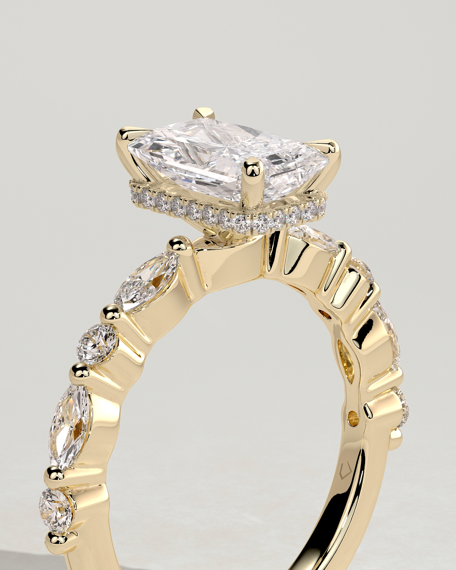 Kyla - 4 Claw Radiant with Hidden Halo & Accent Stones - 18k Yellow Gold