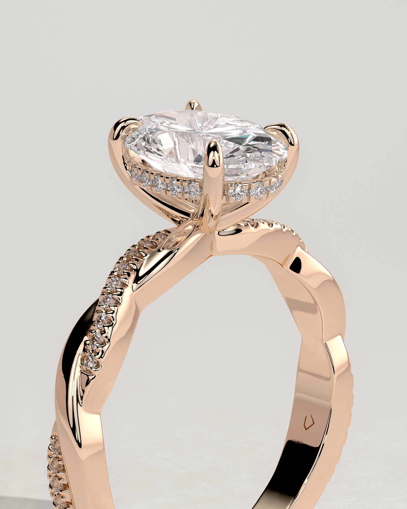 Lara - Oval Solitaire with Twisted Pav Band - 18k Rose Gold