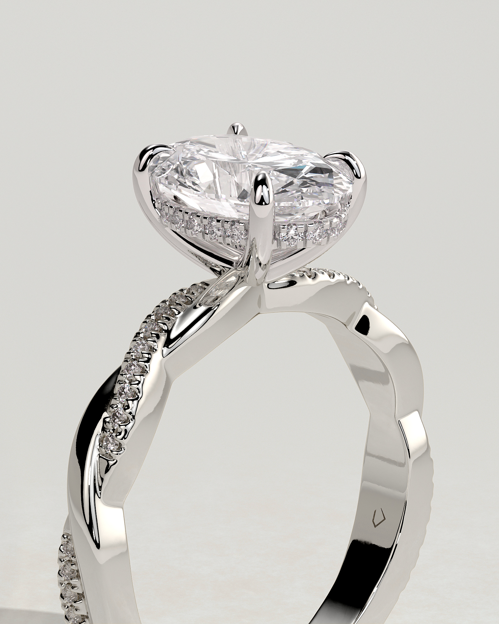 Lara - Oval Solitaire with Twisted Pav Band - 18k White Gold