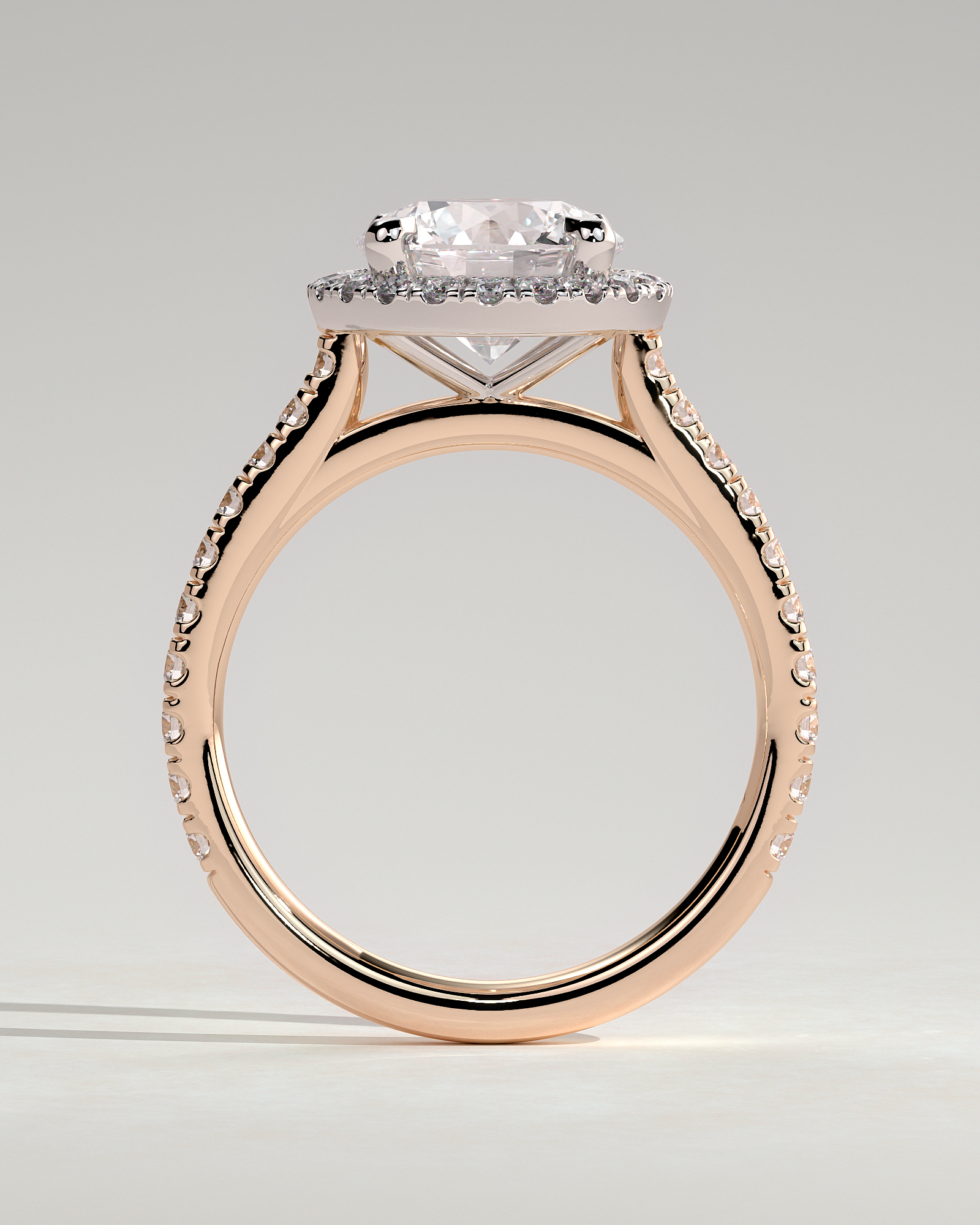 Leah   Cathedral Round Halo with Pav - 18k Rose Gold / 18k White Gold