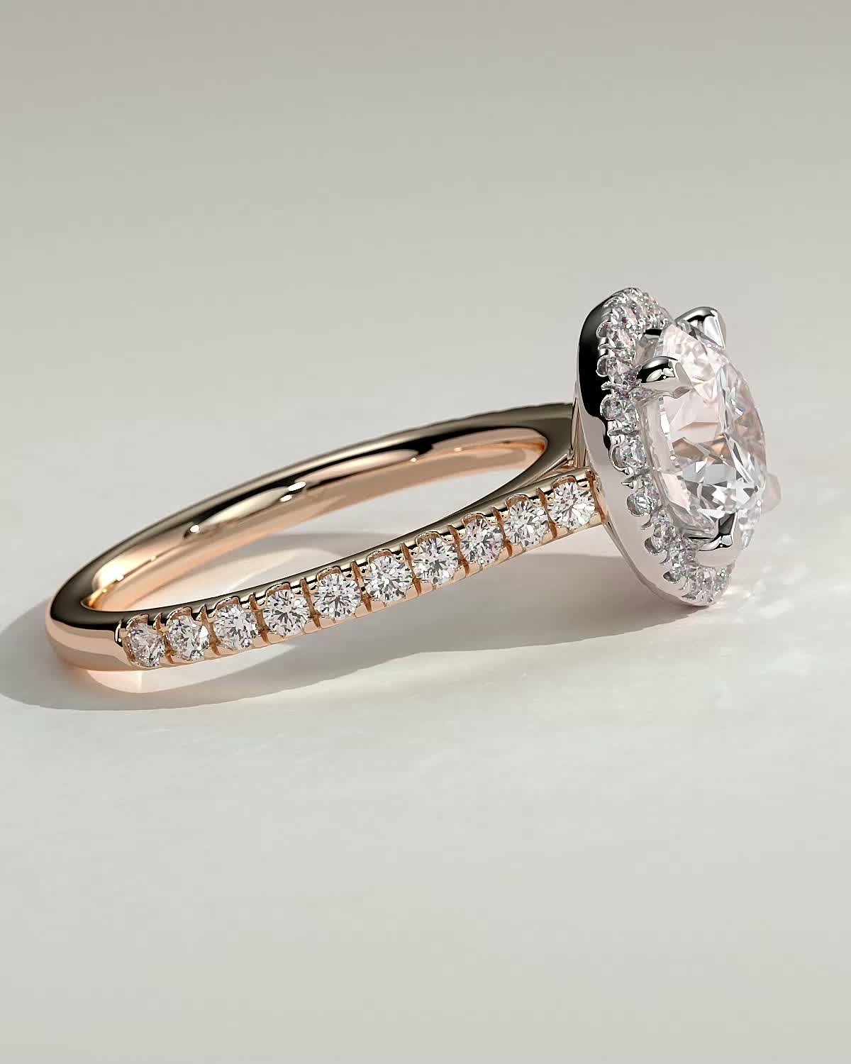 Leah   Cathedral Round Halo with Pav - 18k Rose Gold / 18k White Gold