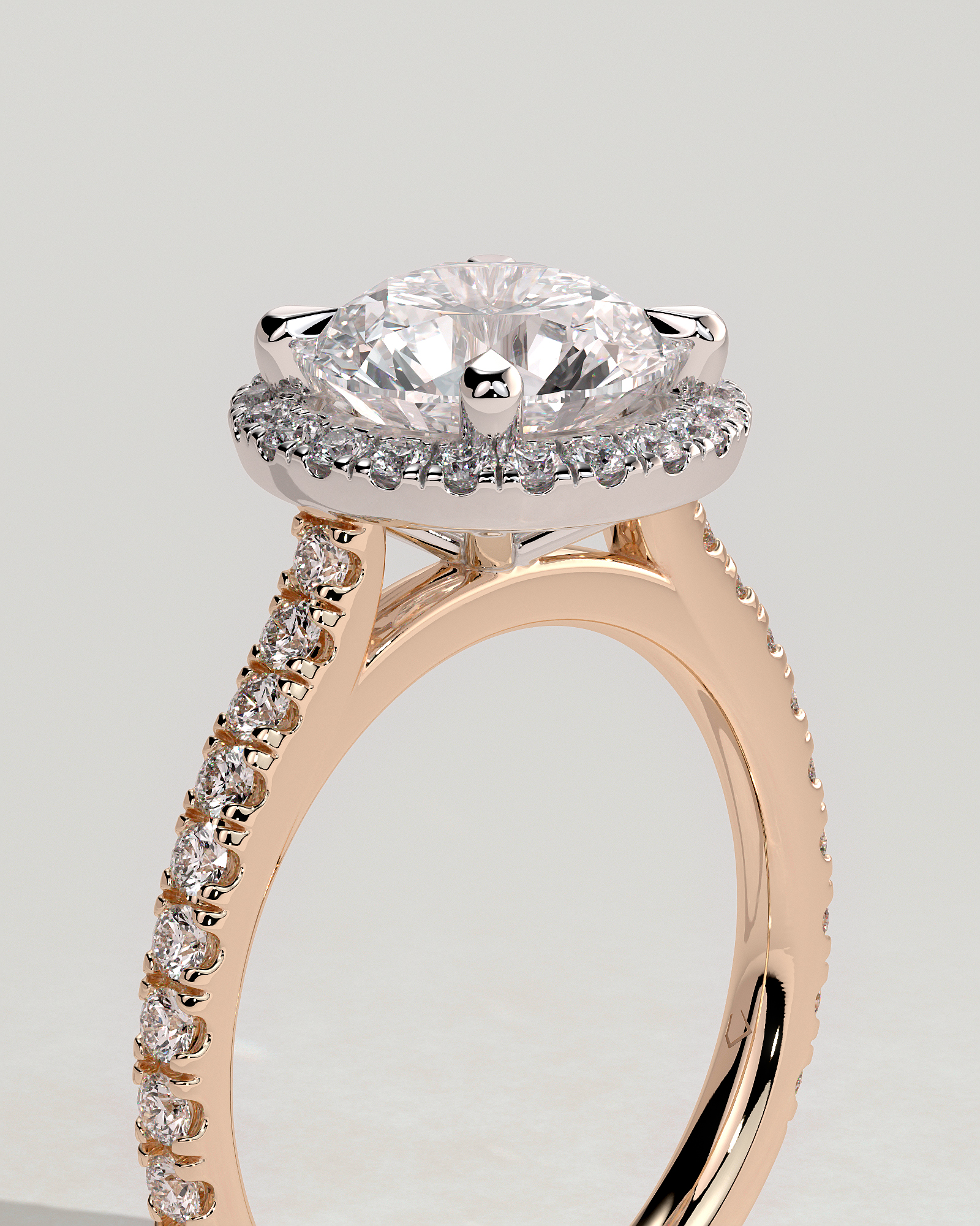 Leah   Cathedral Round Halo with Pav - 18k Rose Gold / 18k White Gold