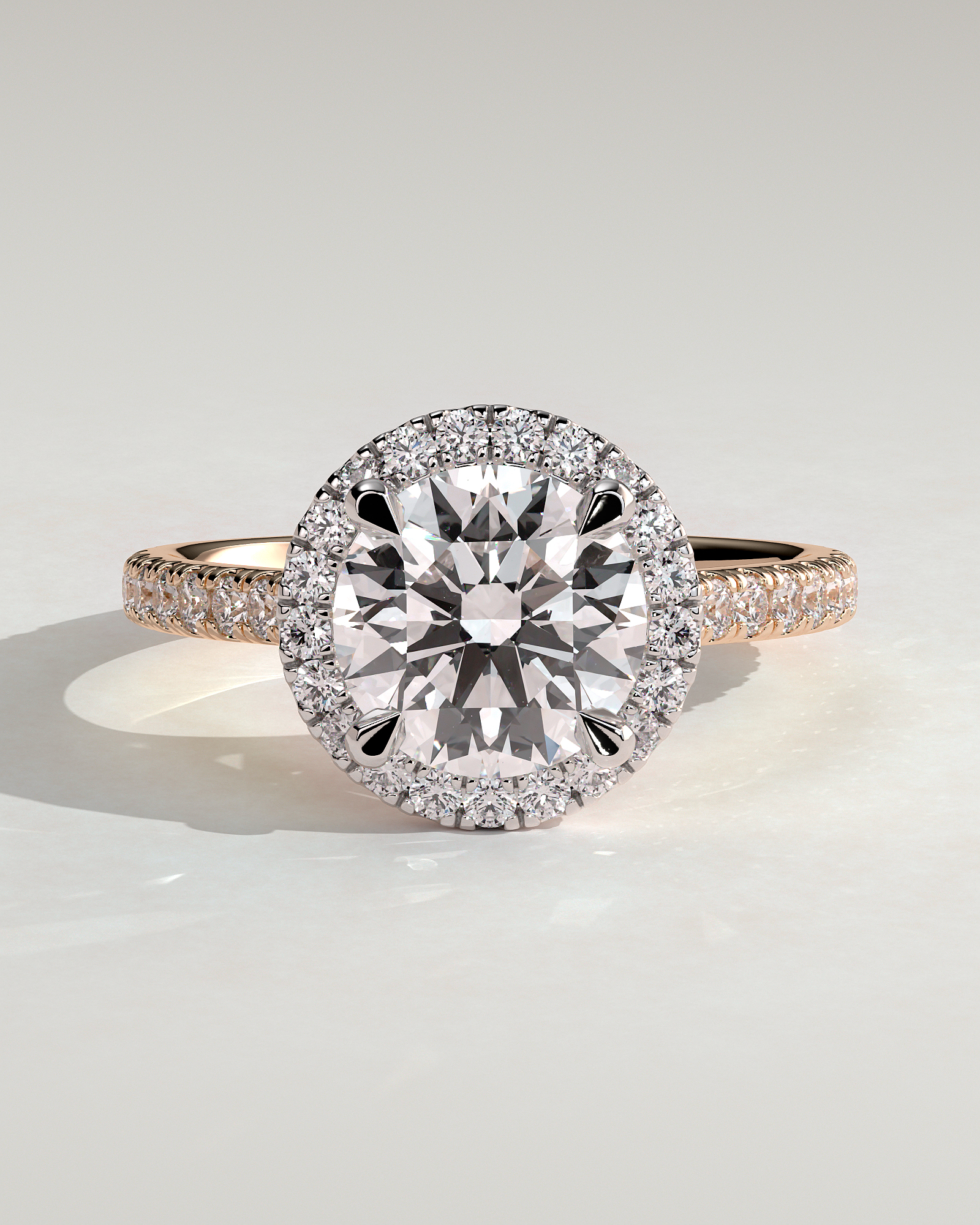 Leah   Cathedral Round Halo with Pav - 18k Rose Gold / 18k White Gold