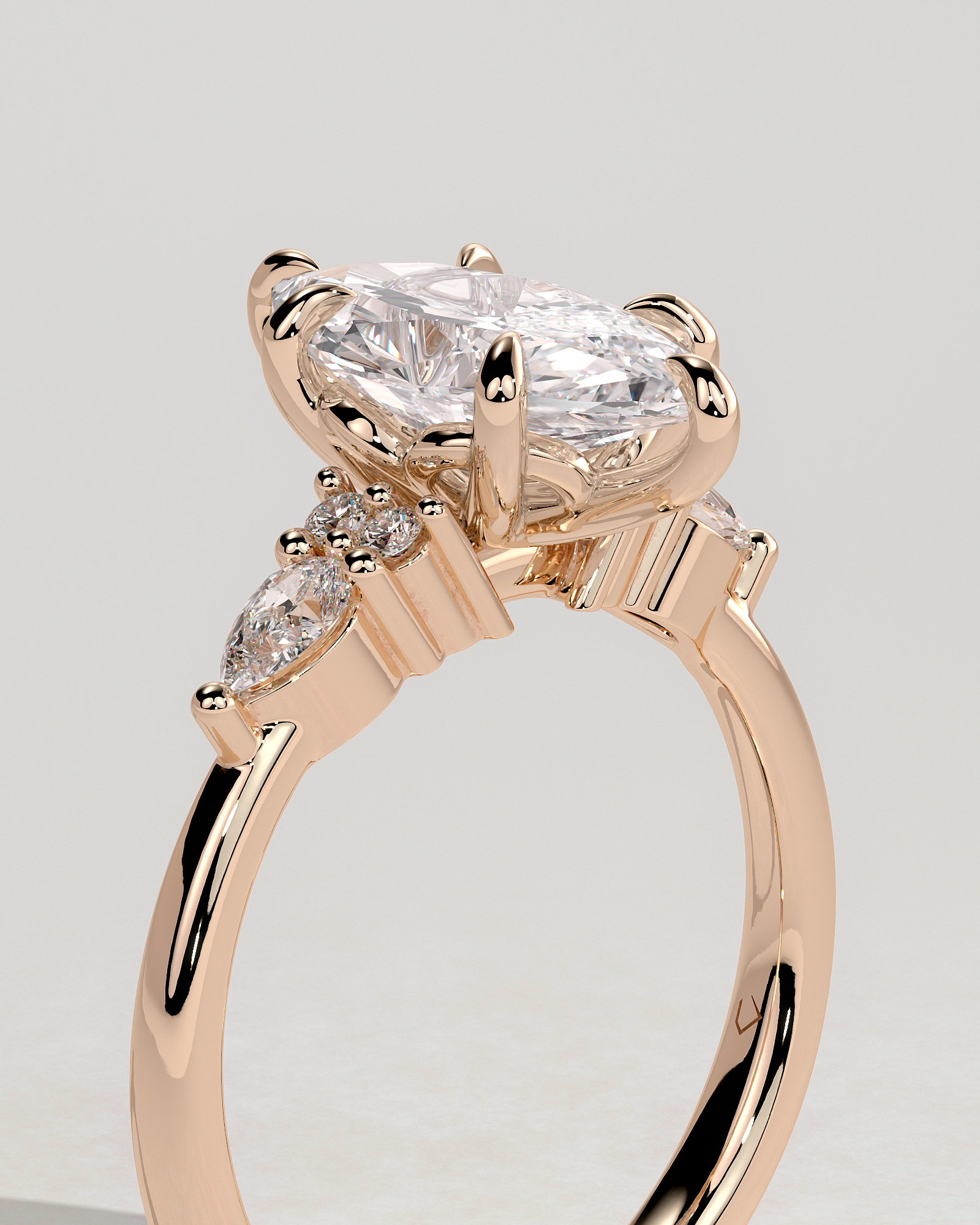 Loretta - Marquise 6 Claw Solitaire with Pear Accents and Round Shoulder Stones Engagement Ring - 18k Rose Gold High Setting