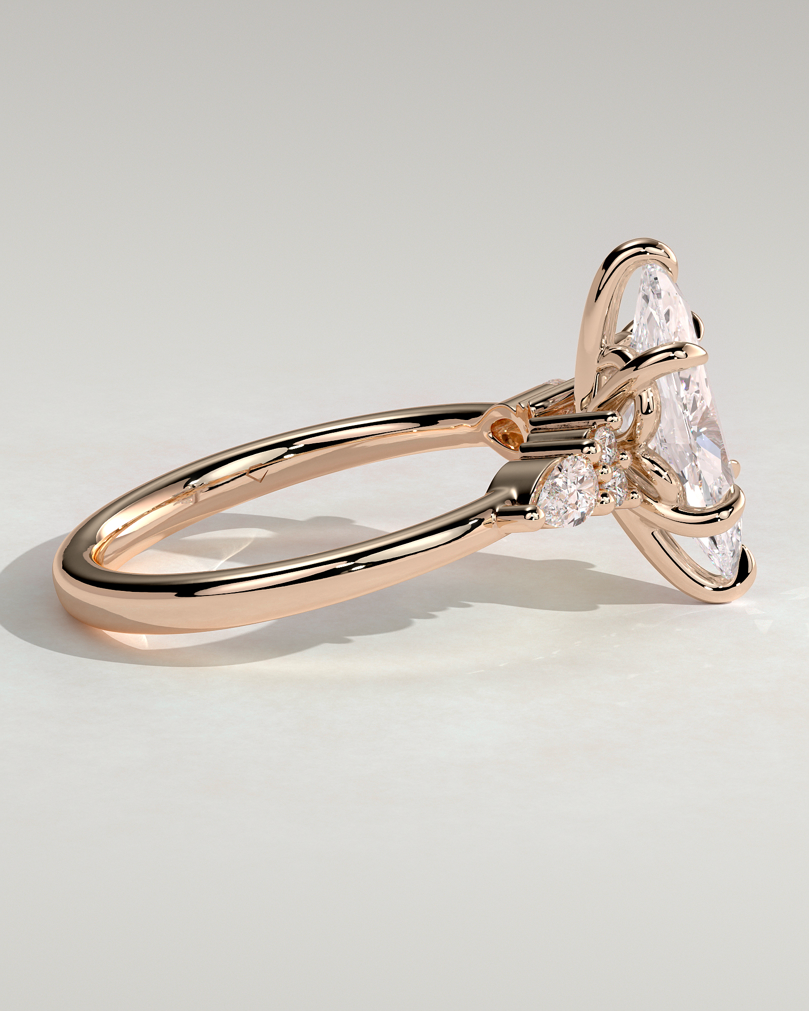 Loretta - Marquise 6 Claw Solitaire with Pear Accents and Round Shoulder Stones Engagement Ring - 18k Rose Gold High Setting