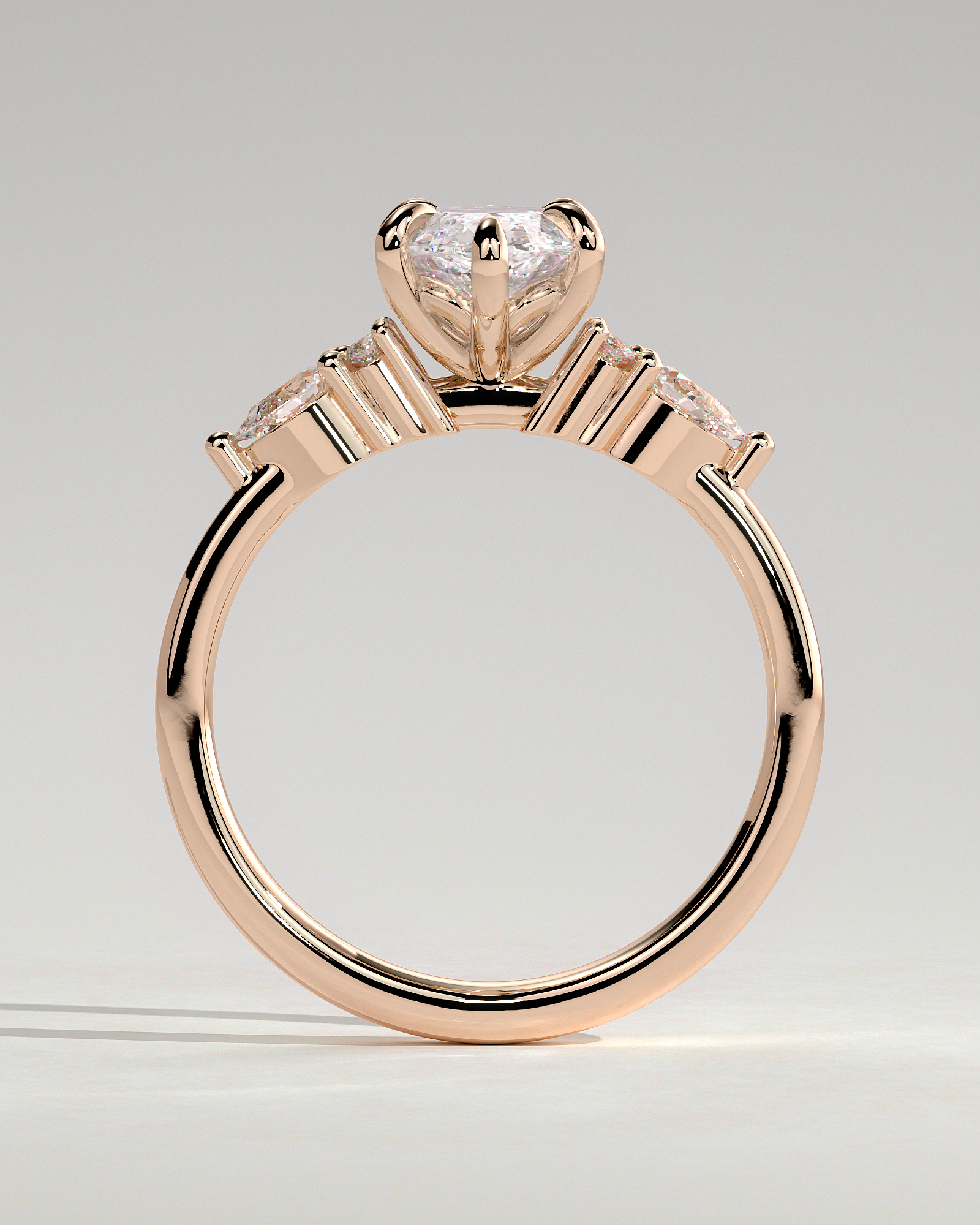 Loretta - Marquise 6 Claw Solitaire with Pear Accents and Round Shoulder Stones Engagement Ring - 18k Rose Gold High Setting