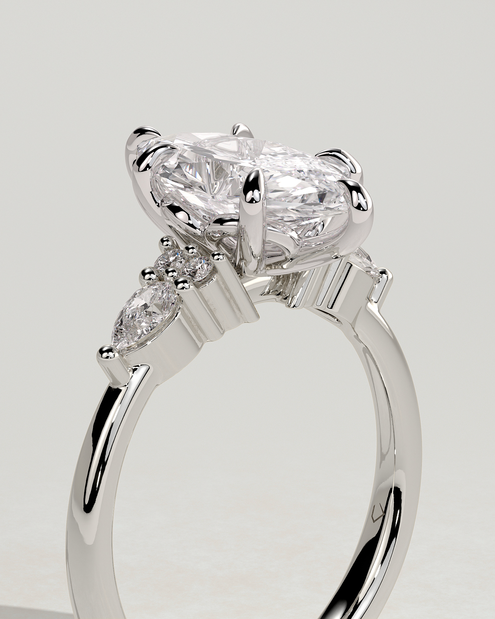 Loretta - Marquise 6 Claw Solitaire with Pear Accents and Round Shoulder Stones Engagement Ring - 18k White Gold High Setting