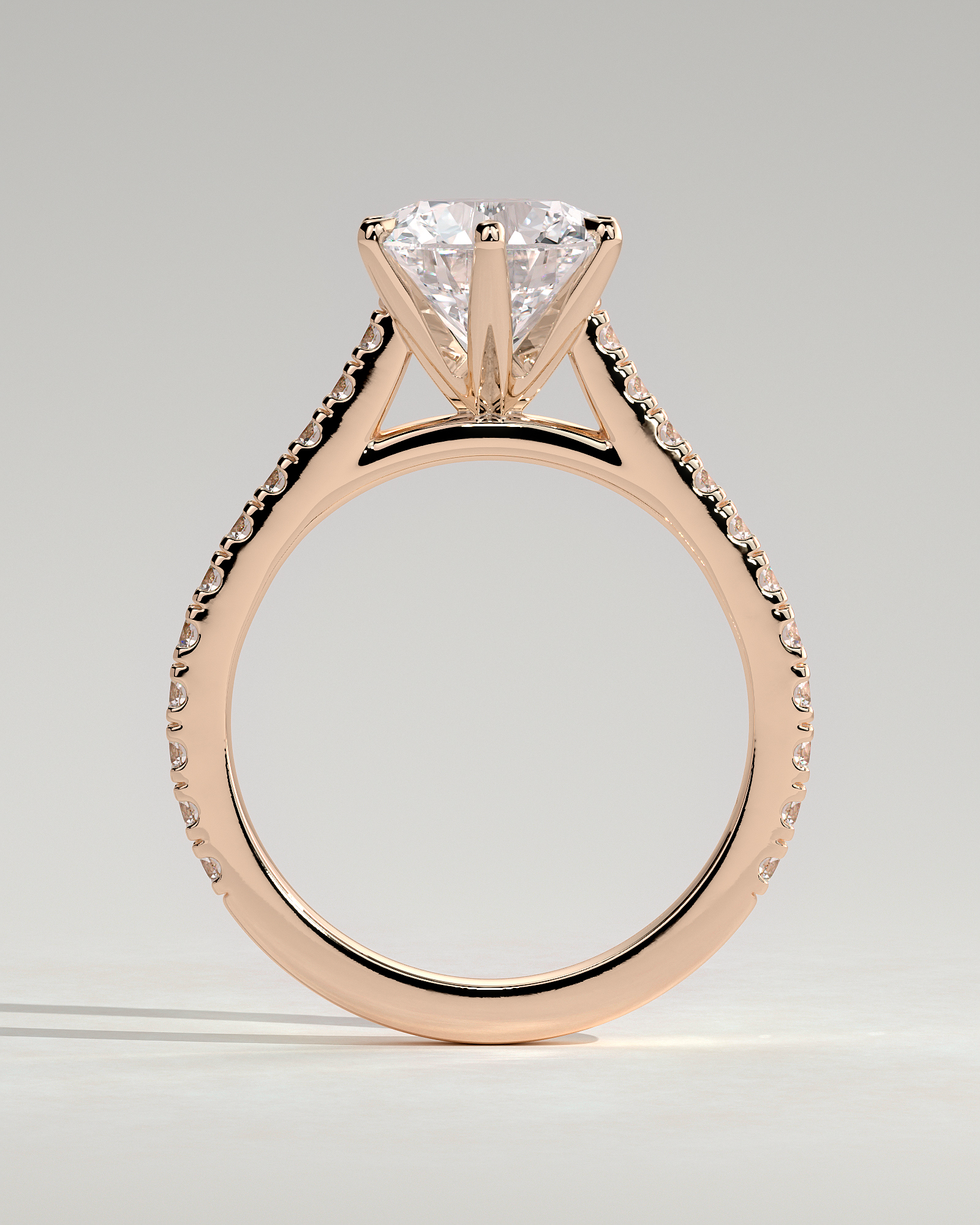 Maisy - 6 Claw Cathedral Round Solitaire with French Pav - 18k Rose Gold
