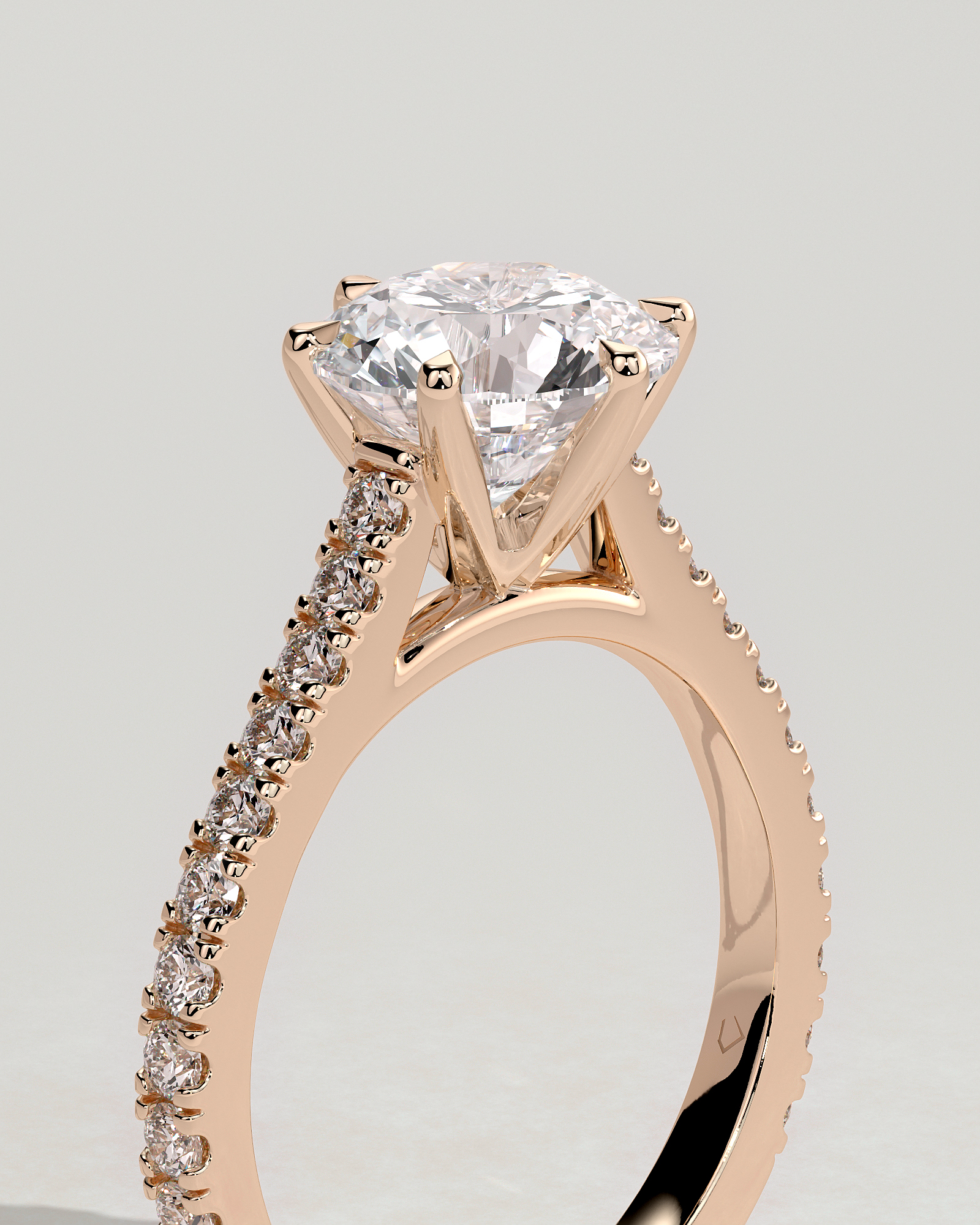 Maisy - 6 Claw Cathedral Round Solitaire with French Pav - 18k Rose Gold