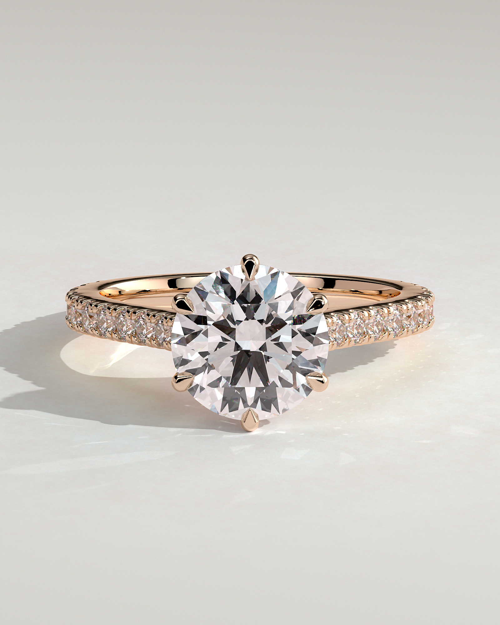 Maisy - 6 Claw Cathedral Round Solitaire with French Pav - 18k Rose Gold