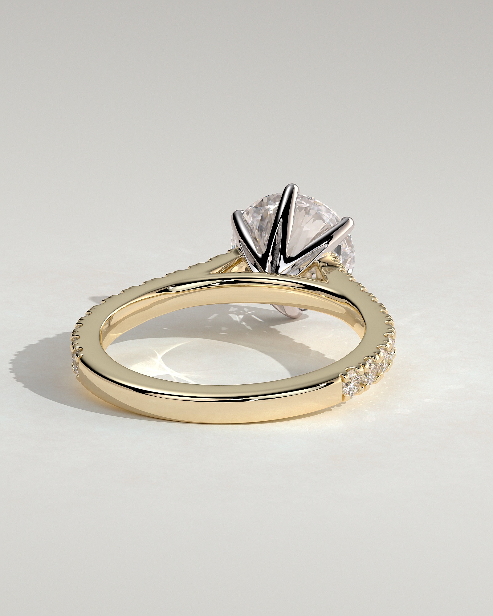 Maisy - 6 Claw Cathedral Round Solitaire with French Pav - 18k Yellow Gold / 18k White Gold