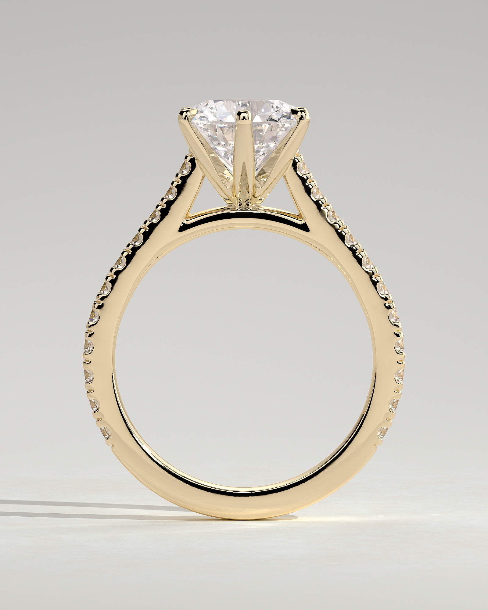 Maisy - 6 Claw Cathedral Round Solitaire with French Pav - 18k Yellow Gold