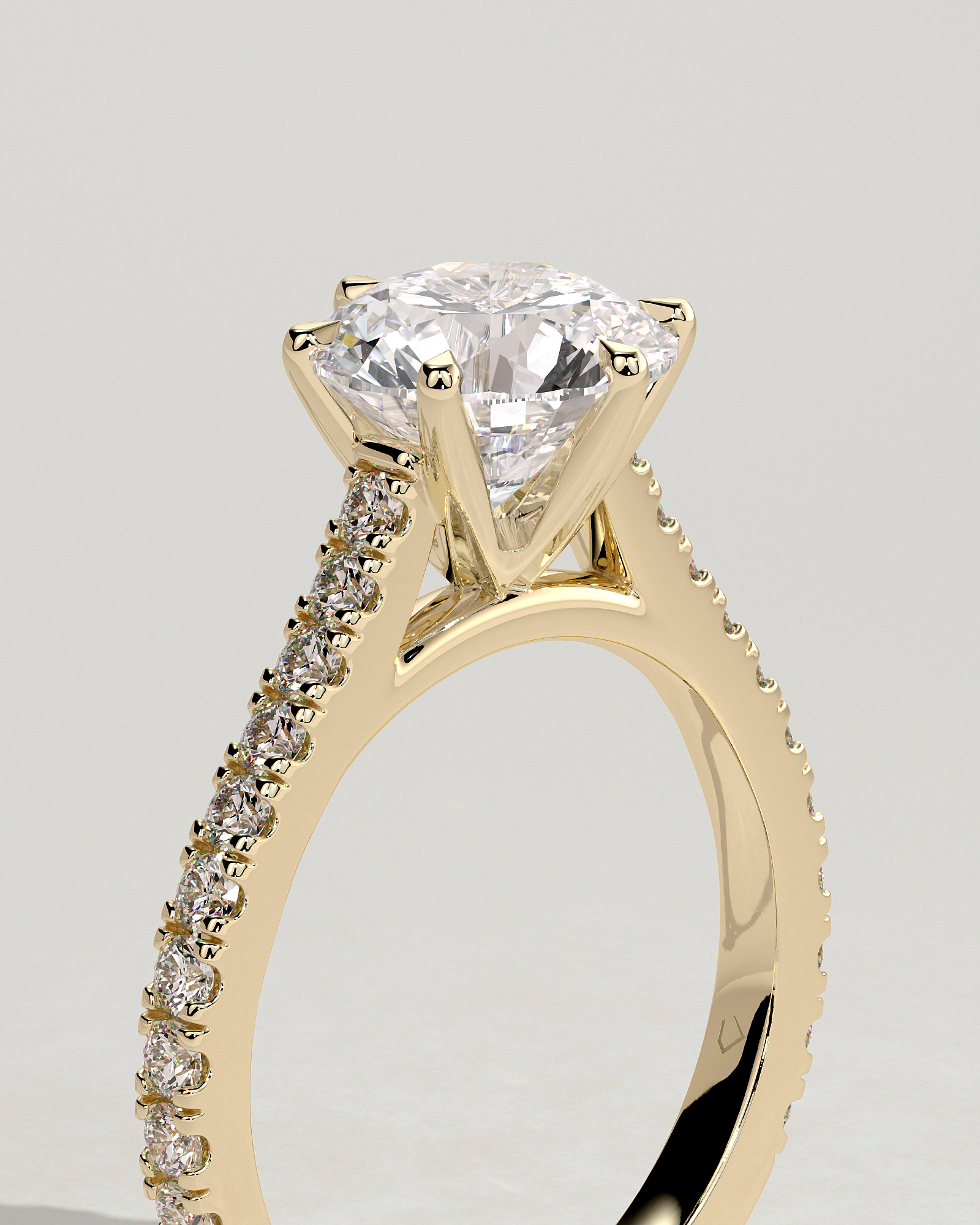 Maisy - 6 Claw Cathedral Round Solitaire with French Pav - 18k Yellow Gold