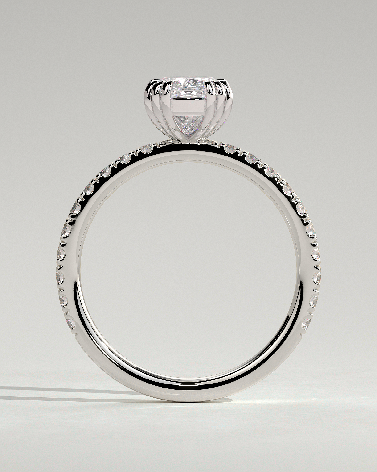 Mandy - Elongated Cushion with Triple Eagle Tip Claws and Pav Band - 18k White Gold