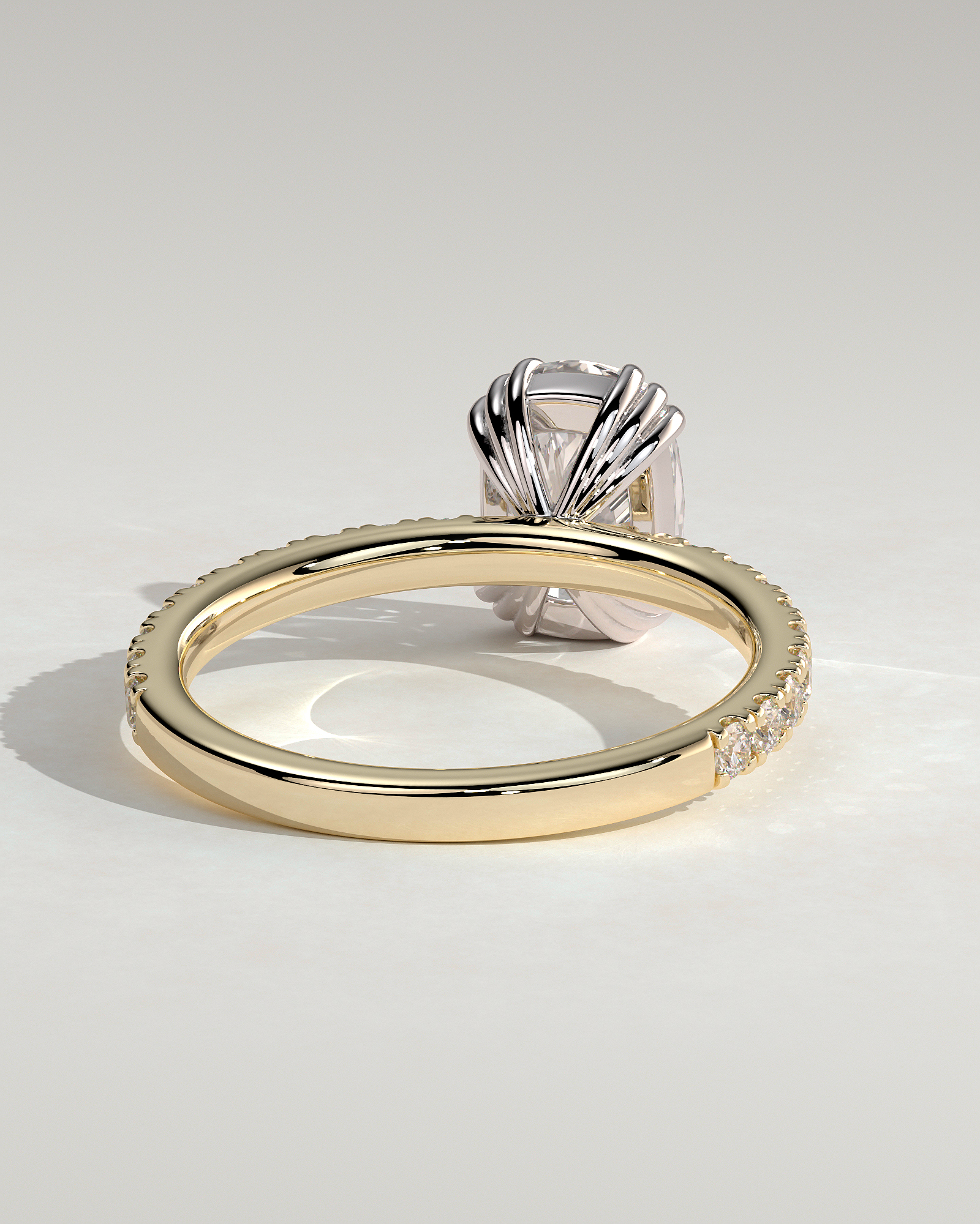 Mandy - Elongated Cushion with Triple Eagle Tip Claws and Pav Band - 18k Yellow Gold / 18k White Gold