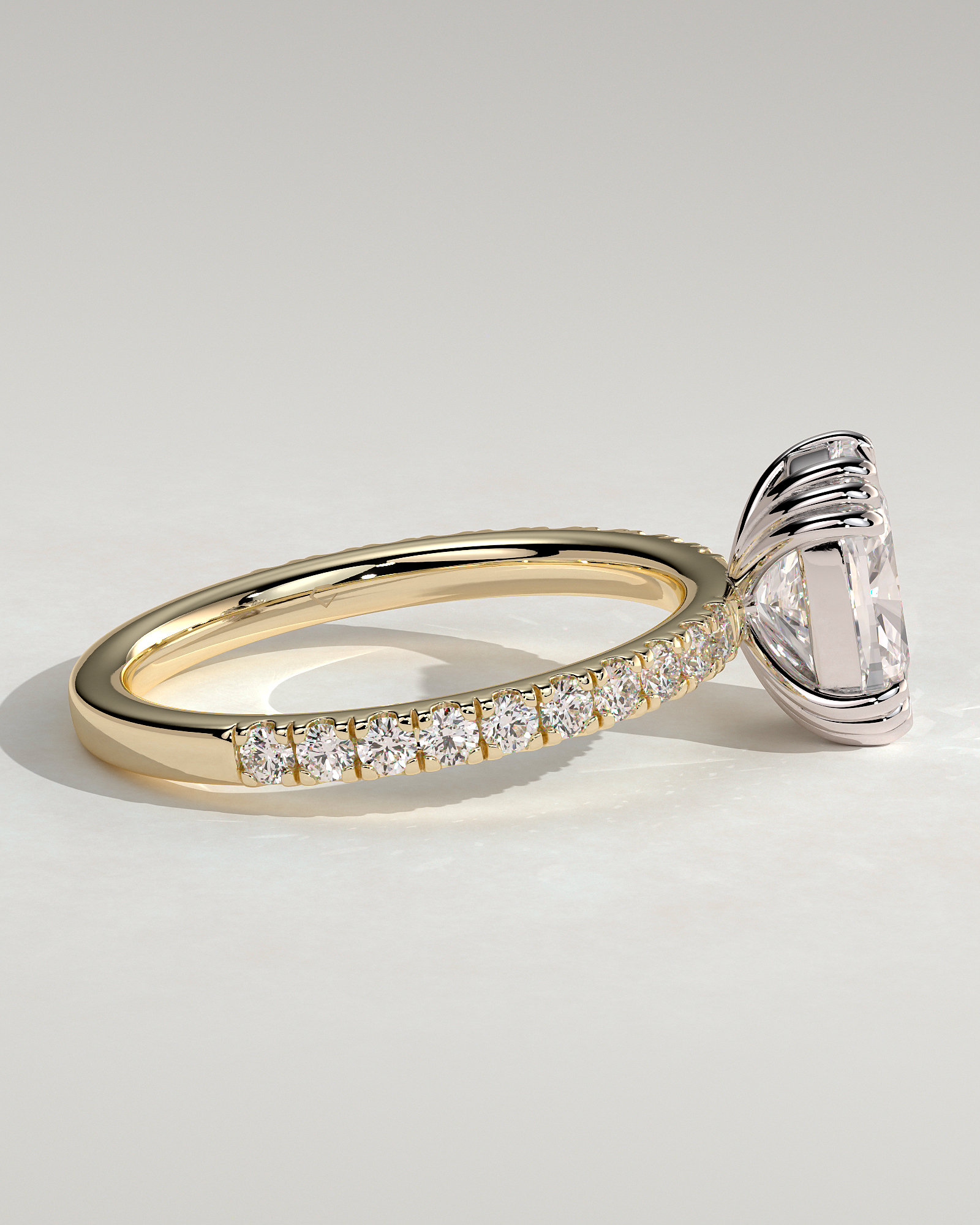 Mandy - Elongated Cushion with Triple Eagle Tip Claws and Pav Band - 18k Yellow Gold / 18k White Gold