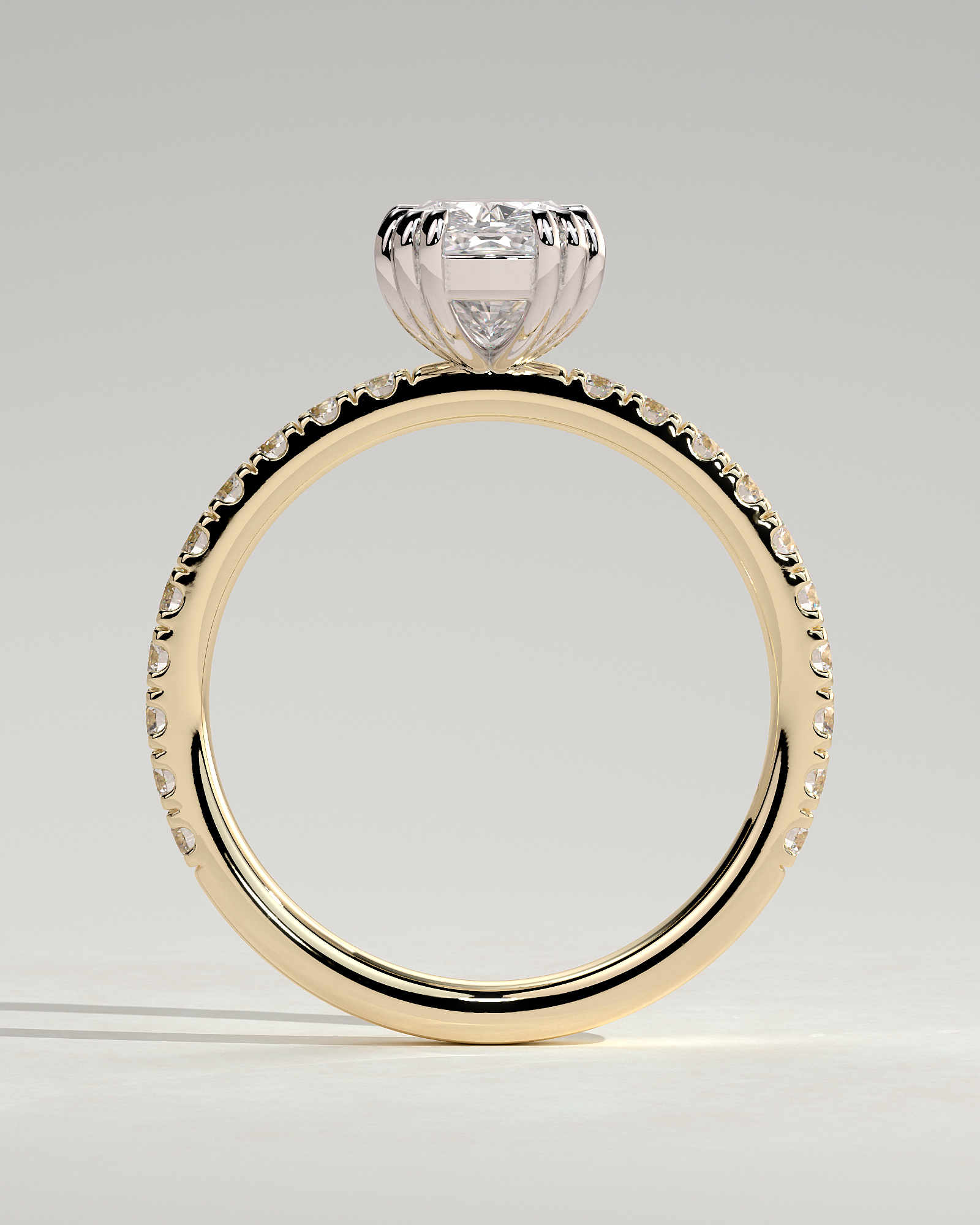 Mandy - Elongated Cushion with Triple Eagle Tip Claws and Pav Band - 18k Yellow Gold / 18k White Gold