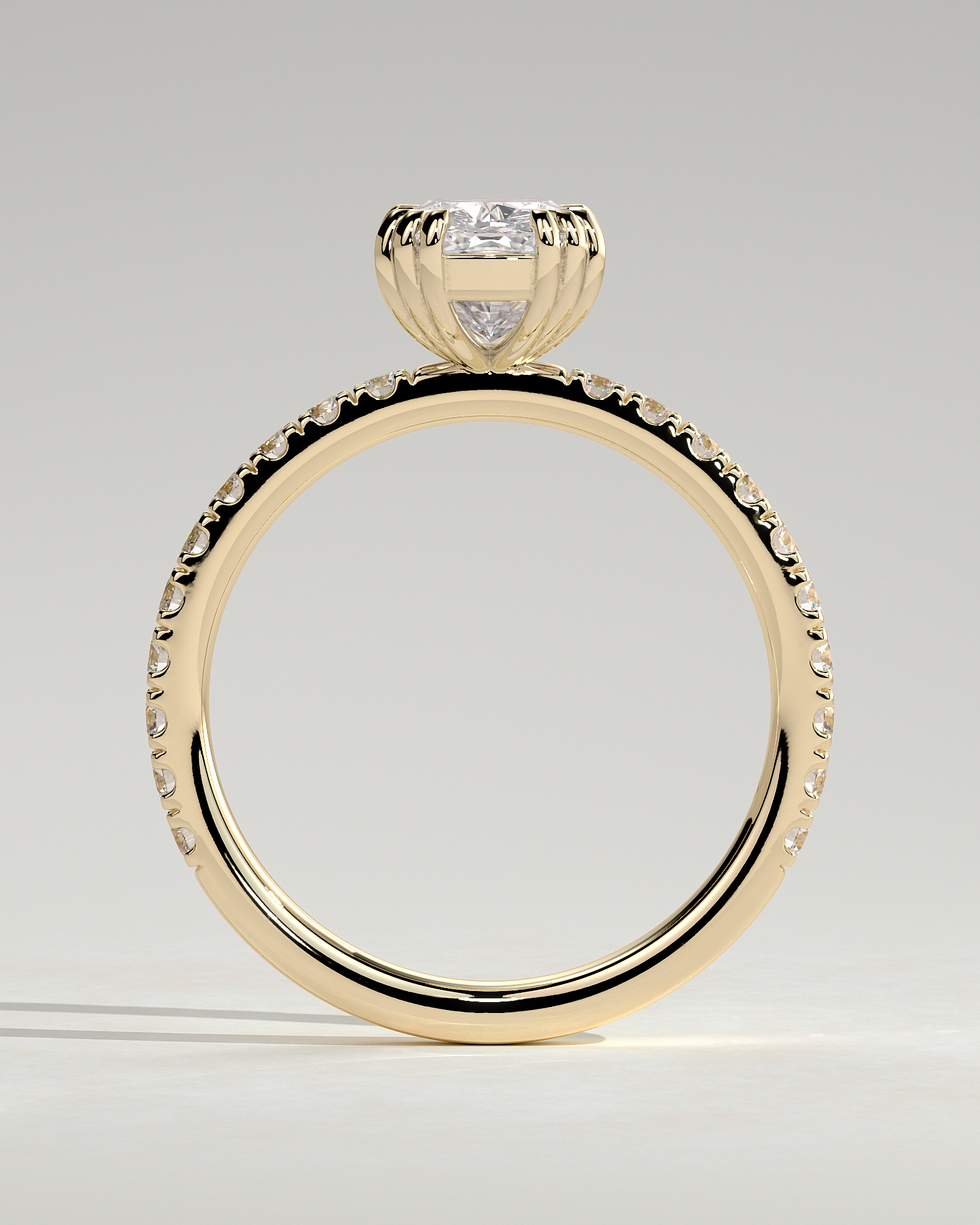 Mandy - Elongated Cushion with Triple Eagle Tip Claws and Pav Band - 18k Yellow Gold