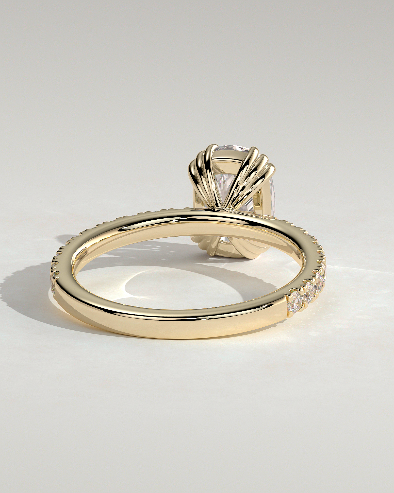 Mandy - Elongated Cushion with Triple Eagle Tip Claws and Pav Band - 18k Yellow Gold