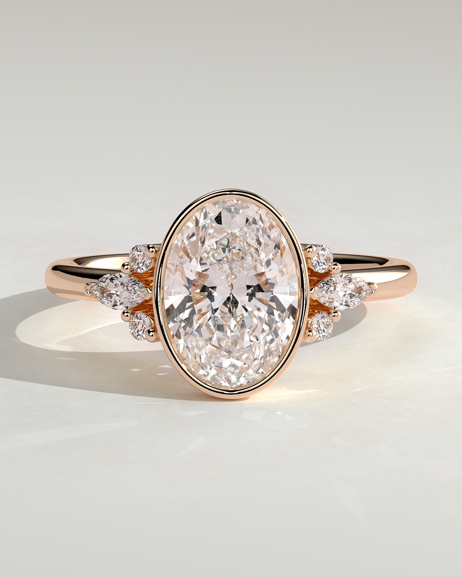 Meesha - Oval Floating Bezel with Accent Stones - 18k Rose Gold