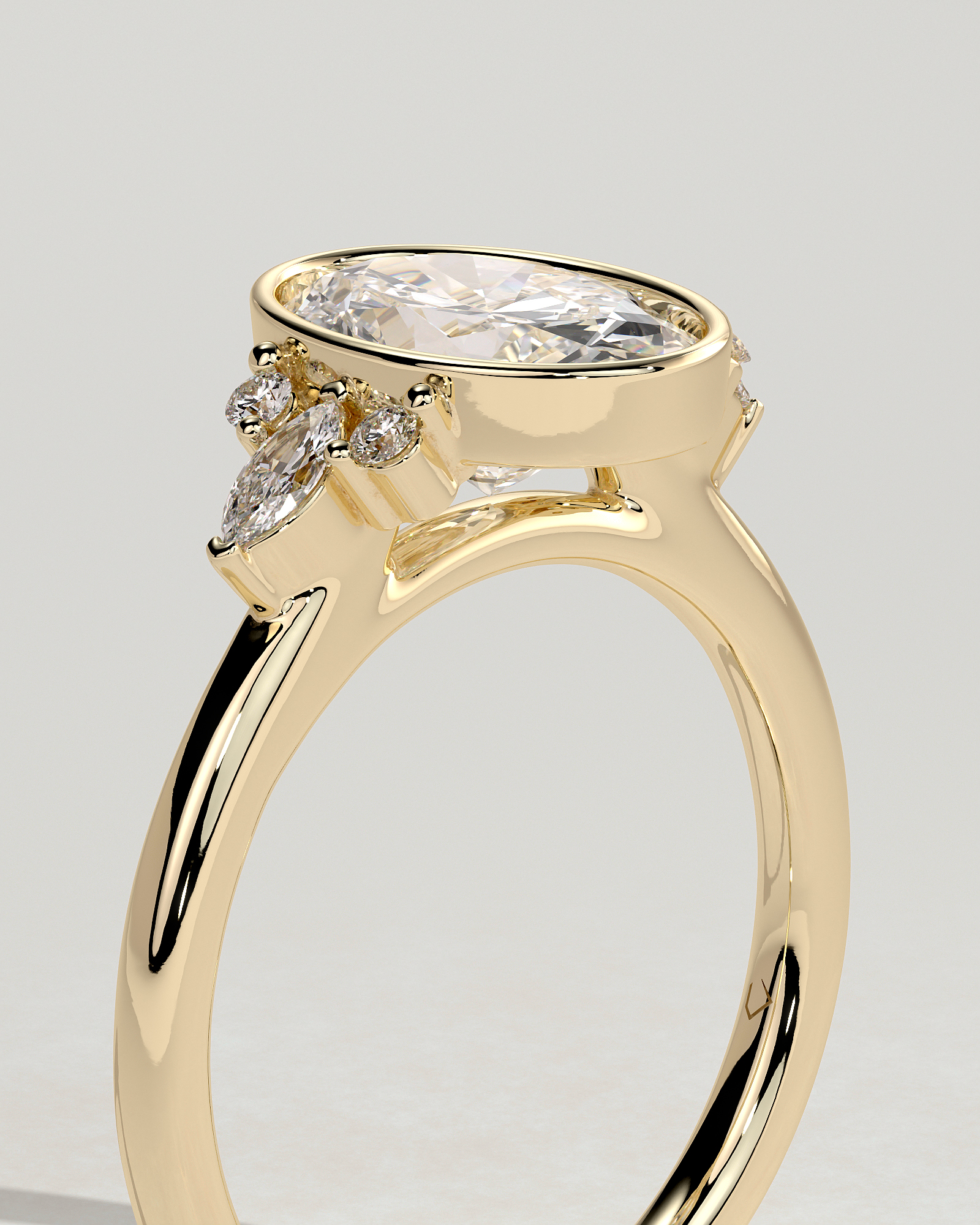 Meesha - Oval Floating Bezel with Accent Stones - 18k Yellow Gold