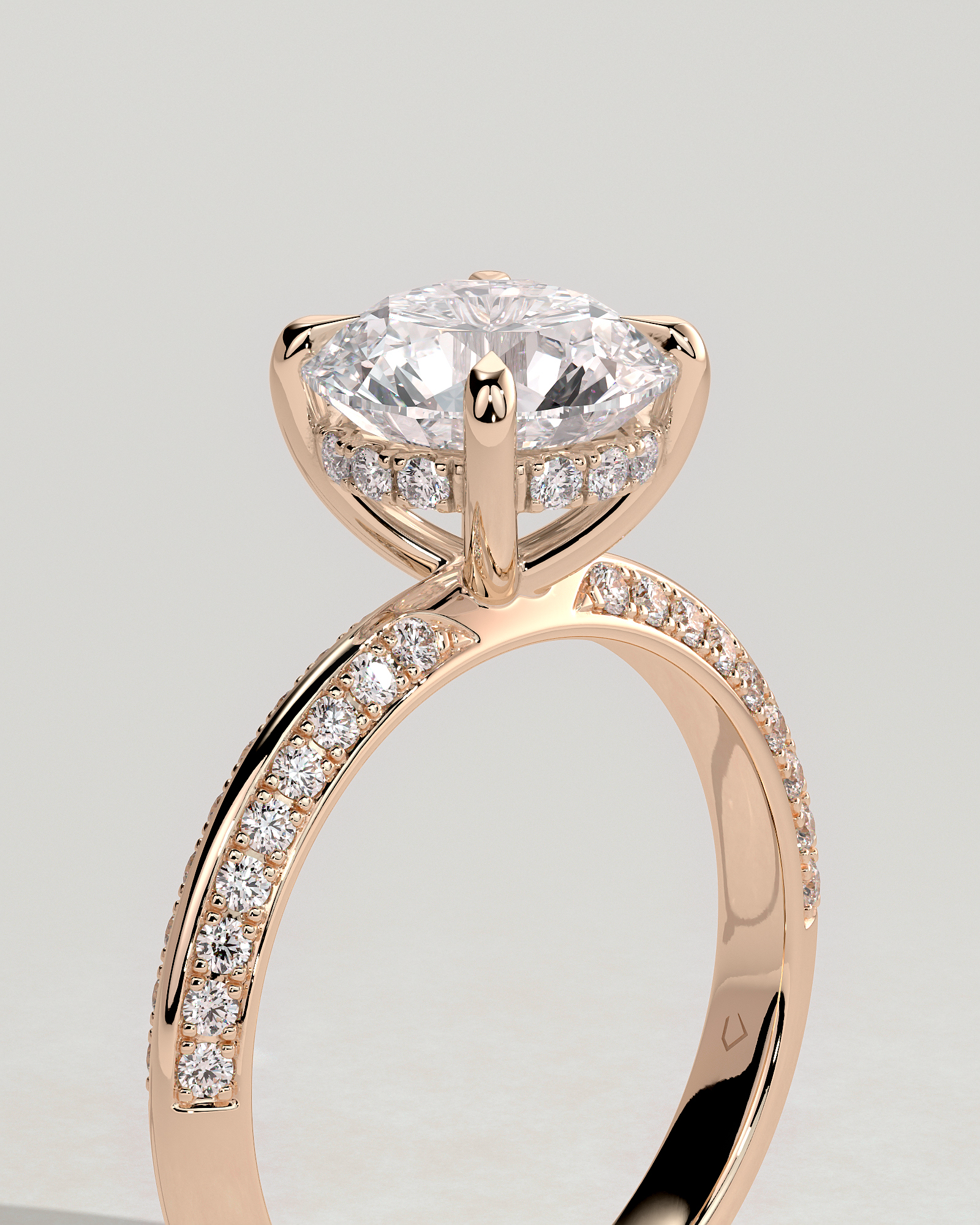 Melinda - 4 Claw Knife Edge Round Solitaire with Hidden Halo and Pav - 18k Rose Gold