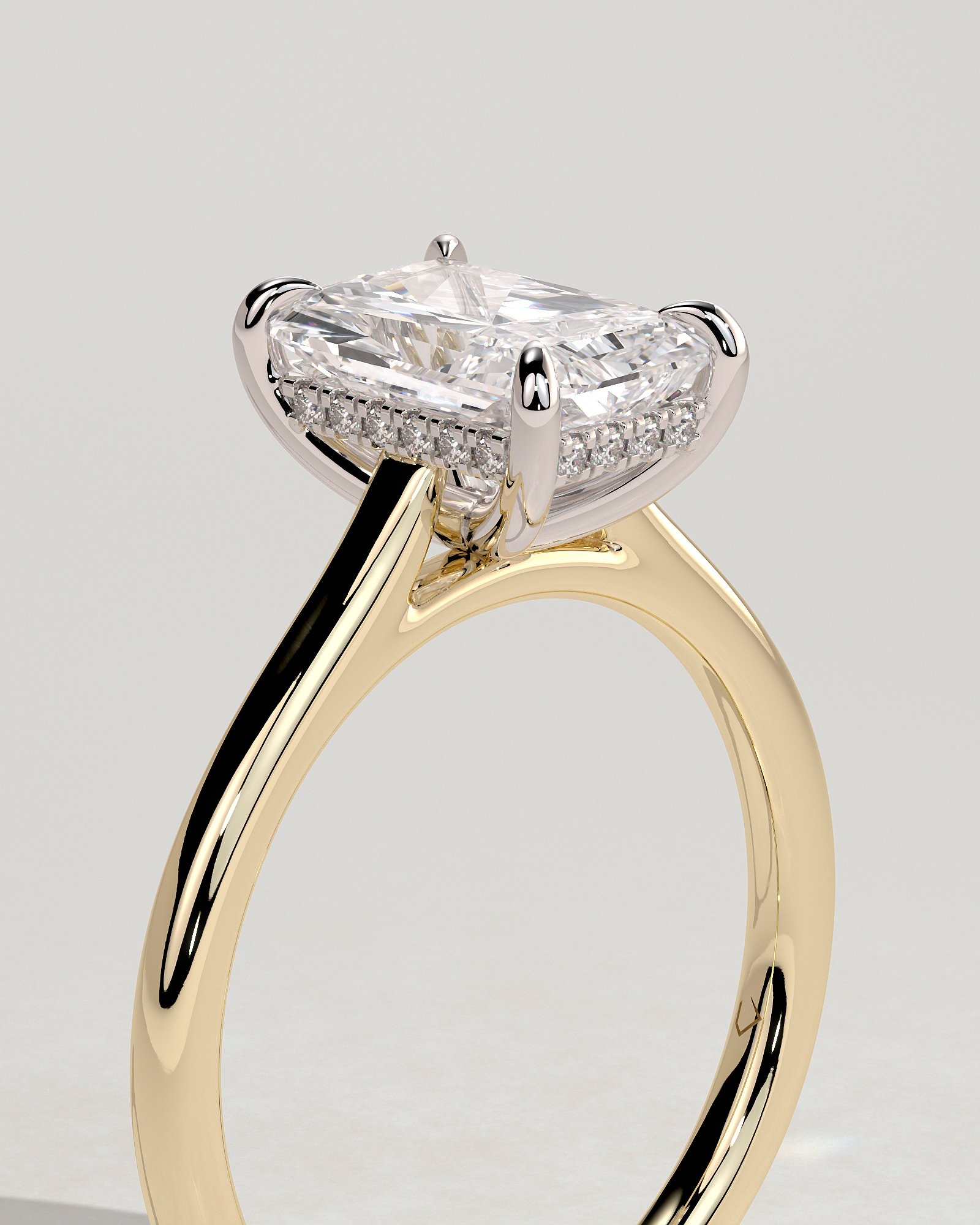 Jane - Emerald Solitaire with Hidden Halo and Cathedral Setting - 18k Yellow Gold / 18k White Gold