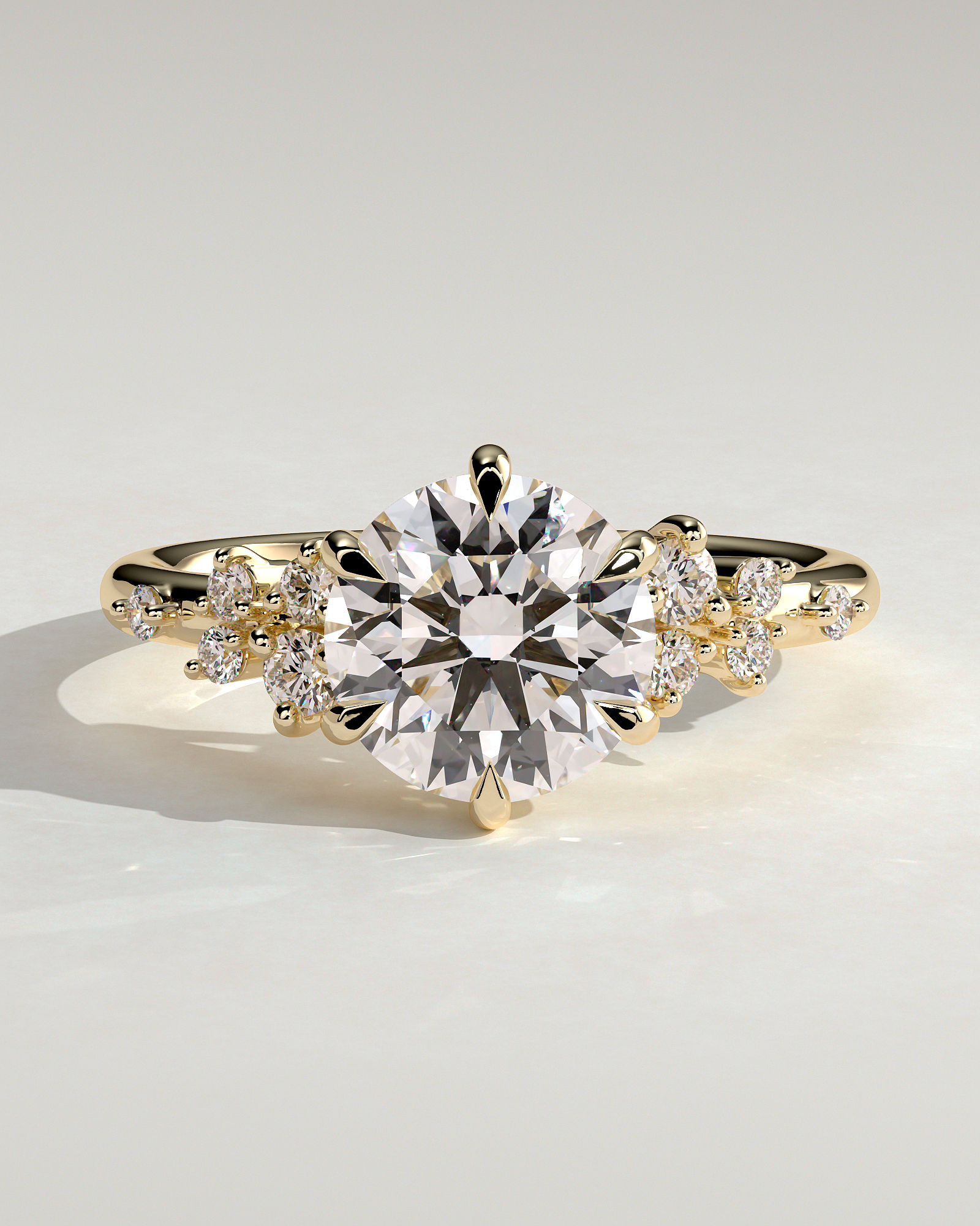 Molly - Round 6 Claw Solitaire with Clustered Round Shoulder Stones Engagement Ring - 18k Yellow Gold