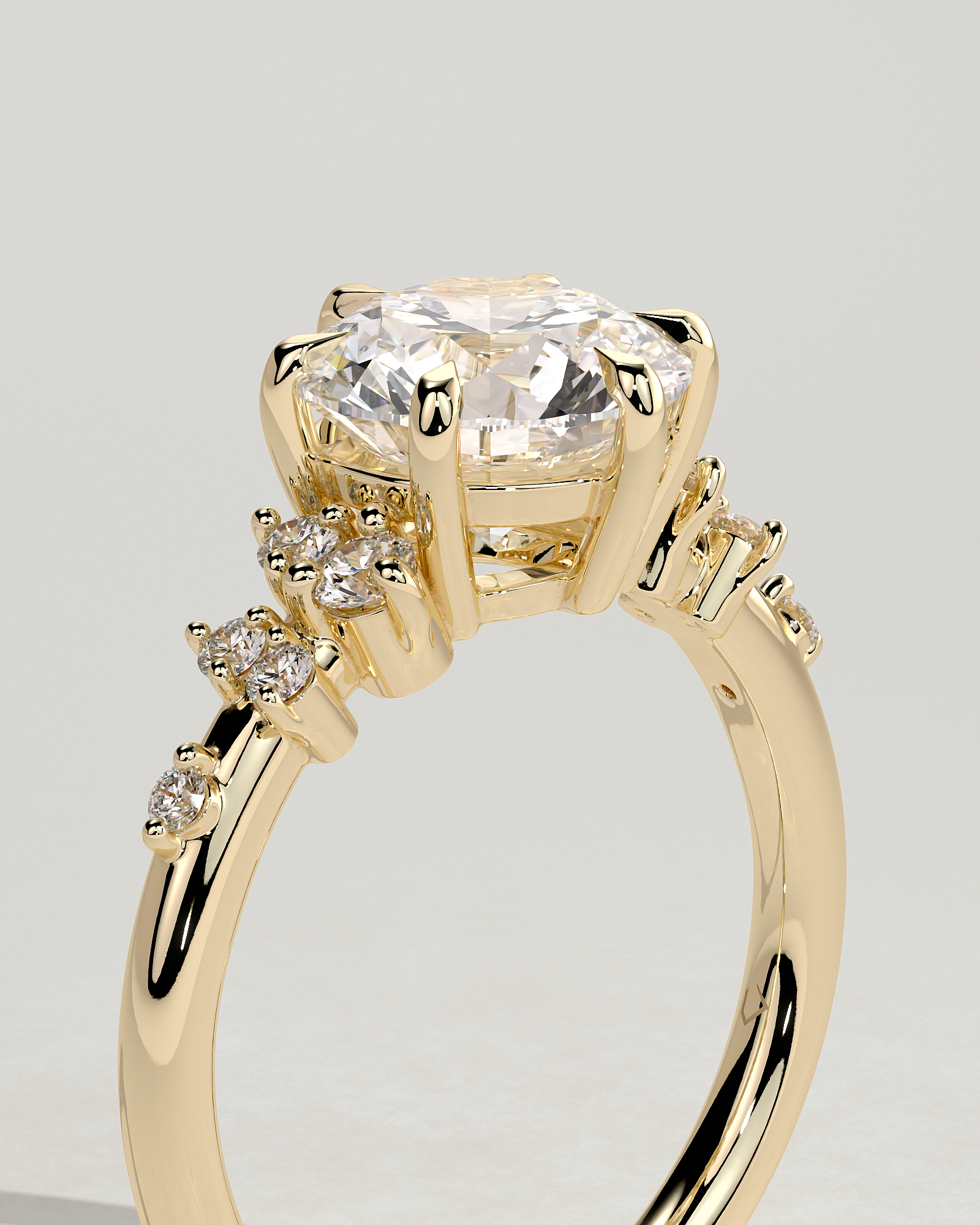 Molly - Round 6 Claw Solitaire with Clustered Round Shoulder Stones Engagement Ring - 18k Yellow Gold