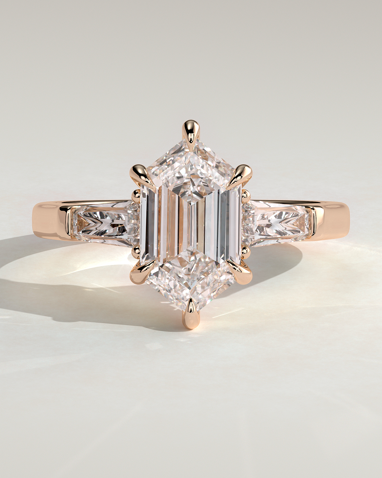 Myrtle - Elongated Hexagon Trilogy with Tapered Baguette Side Stones - 18k Rose Gold