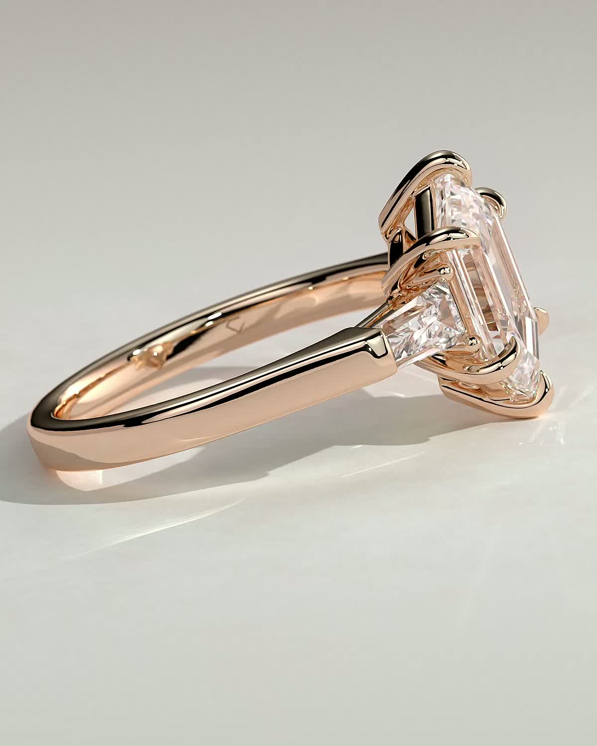 Myrtle - Elongated Hexagon Trilogy with Tapered Baguette Side Stones - 18k Rose Gold