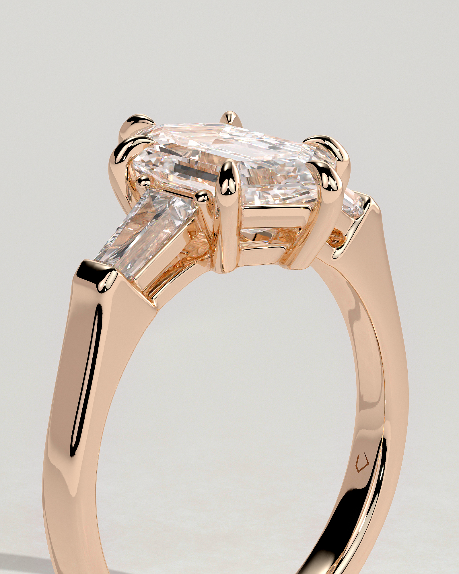Myrtle - Elongated Hexagon Trilogy with Tapered Baguette Side Stones - 18k Rose Gold