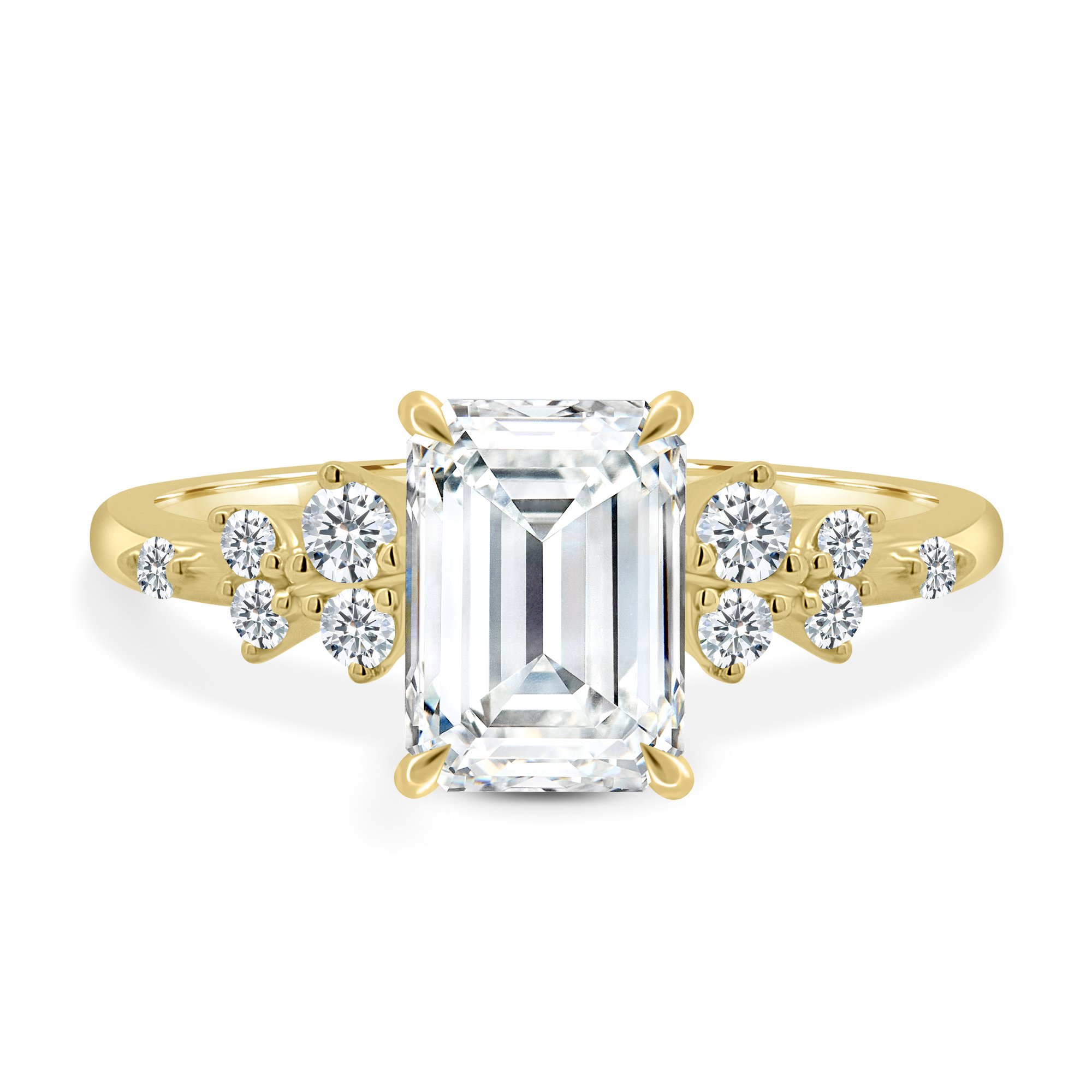 Nellie - Emerald Solitaire with Clustered Round Accent Stones - 18k Yellow Gold