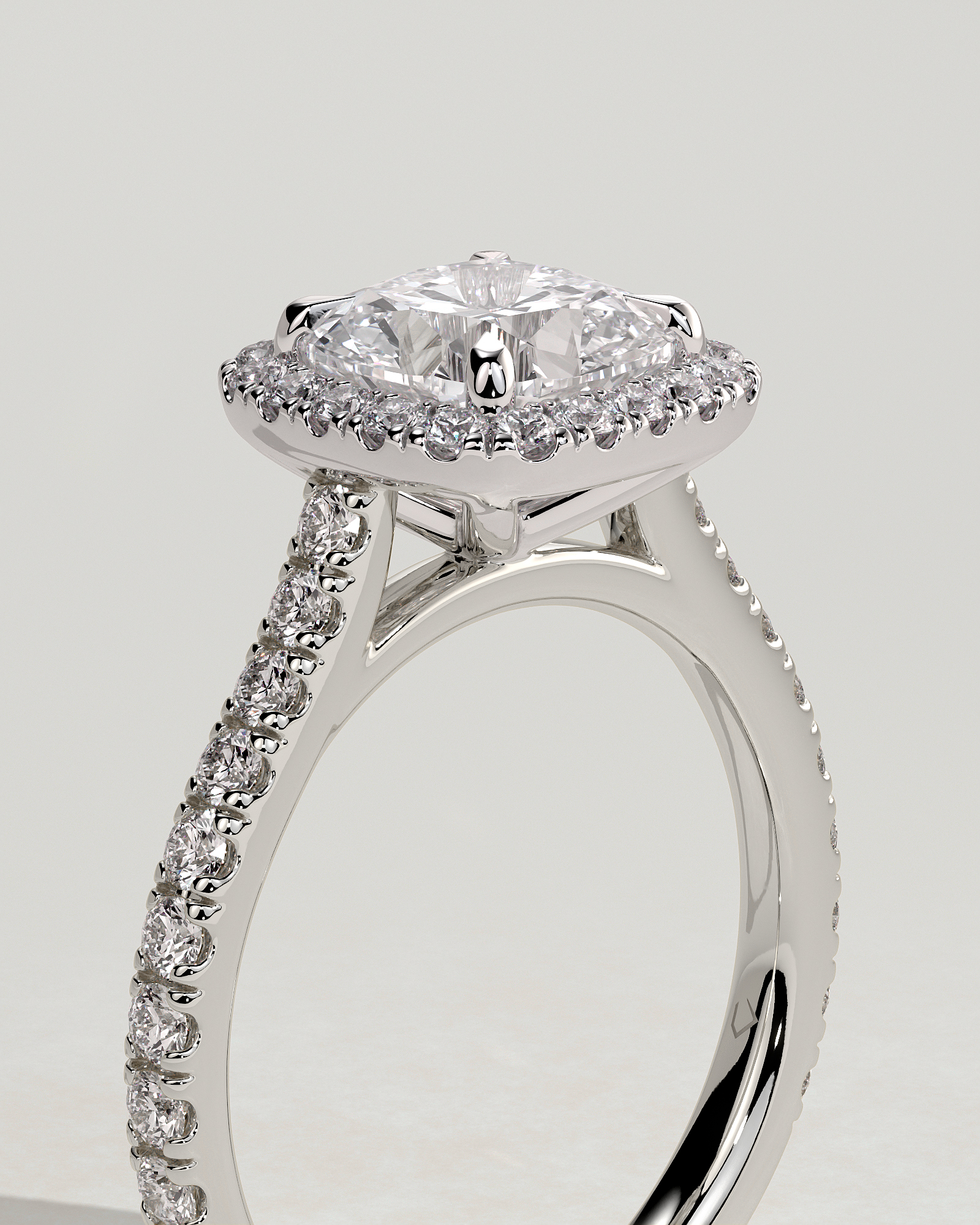 Nicole - 4 Claw Cushion Cut Halo with Pav - 18k White Gold