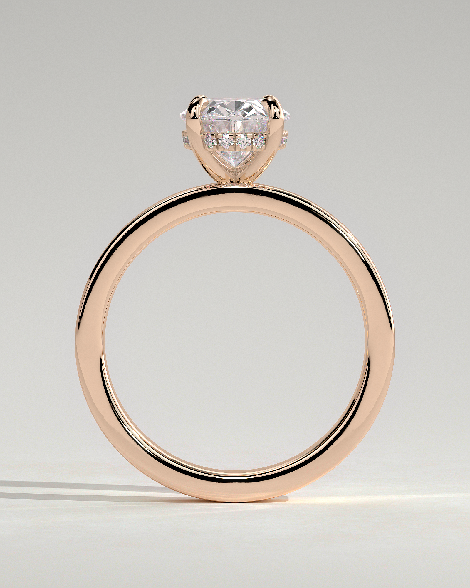 Nikita - Oval 4 Claw Solitaire with Flat Cigar Band and Hidden Halo Engagement Ring - 18k Rose Gold High Setting