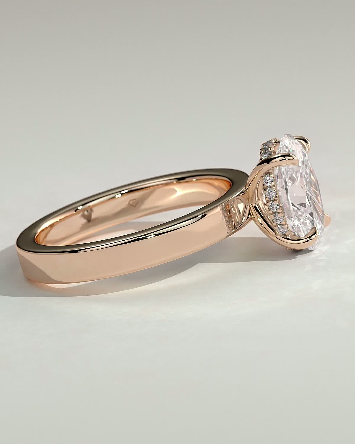 Nikita - Oval 4 Claw Solitaire with Flat Cigar Band and Hidden Halo Engagement Ring - 18k Rose Gold High Setting
