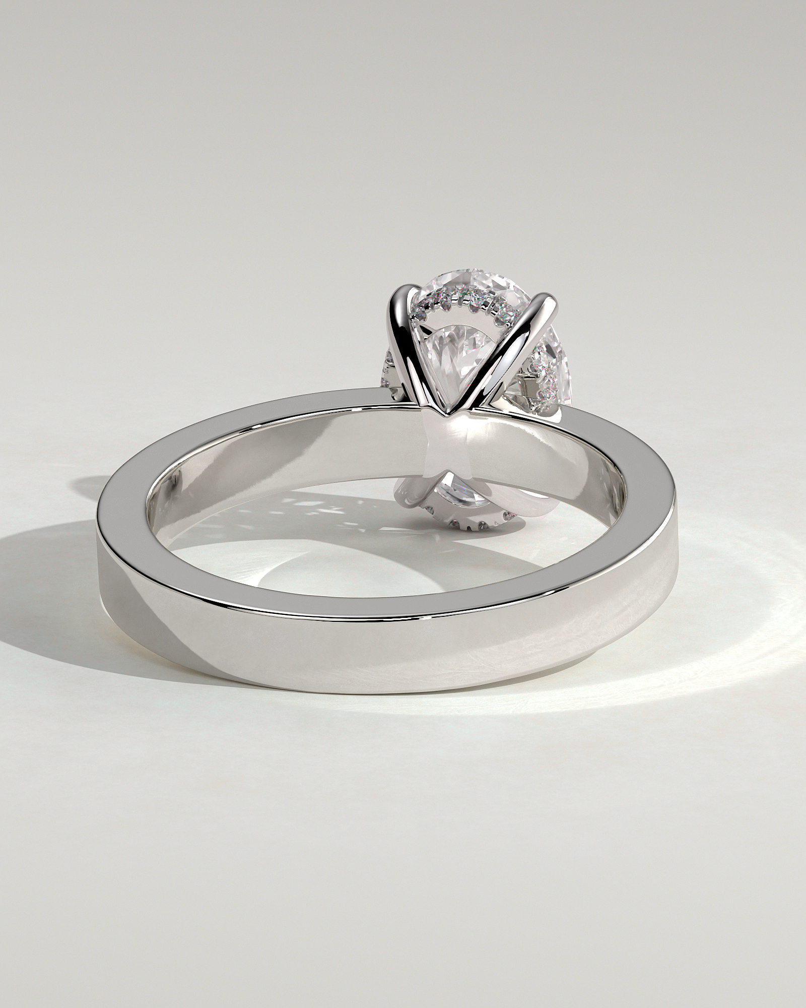 Nikita - Oval Flat Cigar Band Solitaire with Hidden Halo - 18k White Gold