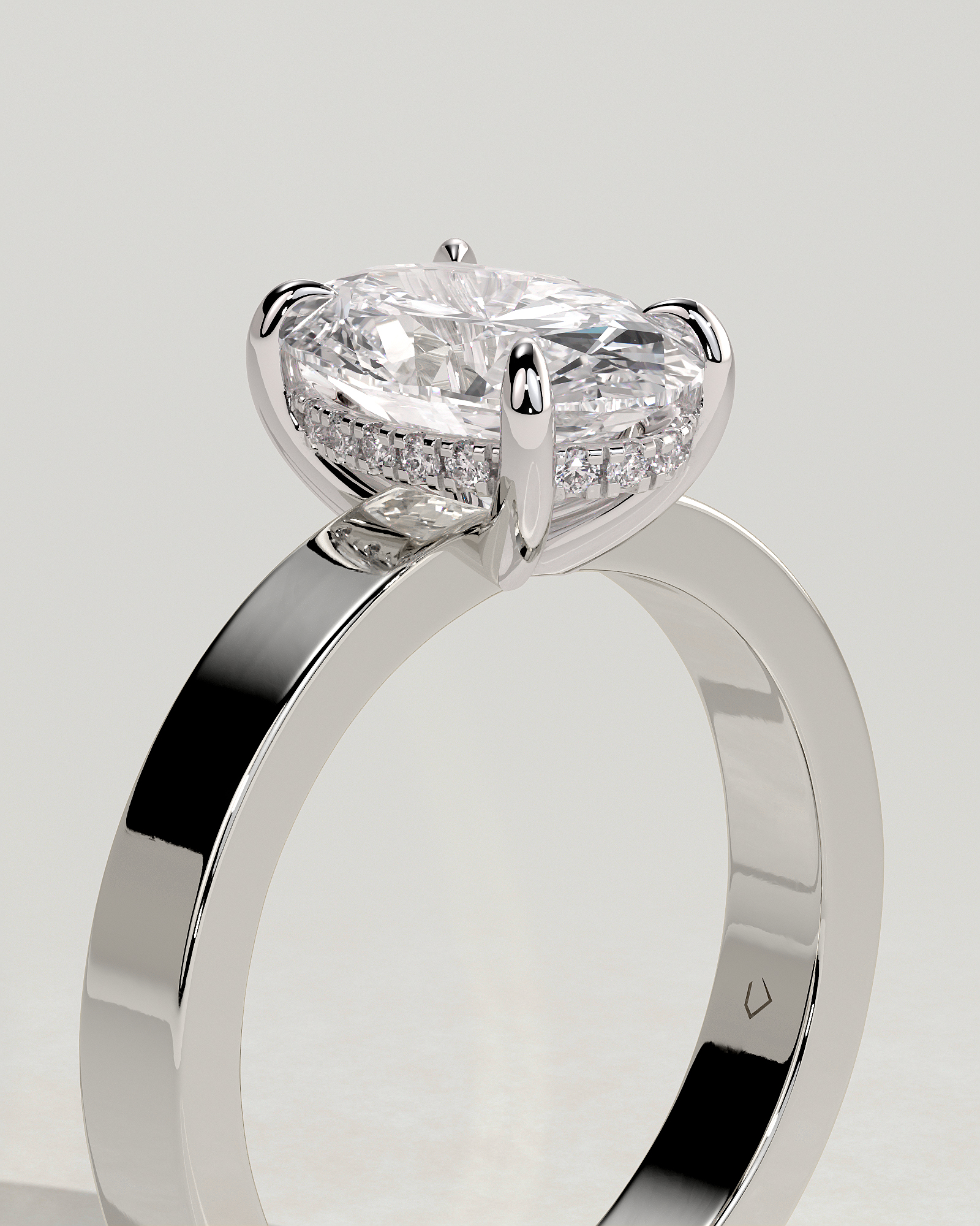Nikita - Oval Flat Cigar Band Solitaire with Hidden Halo - 18k White Gold
