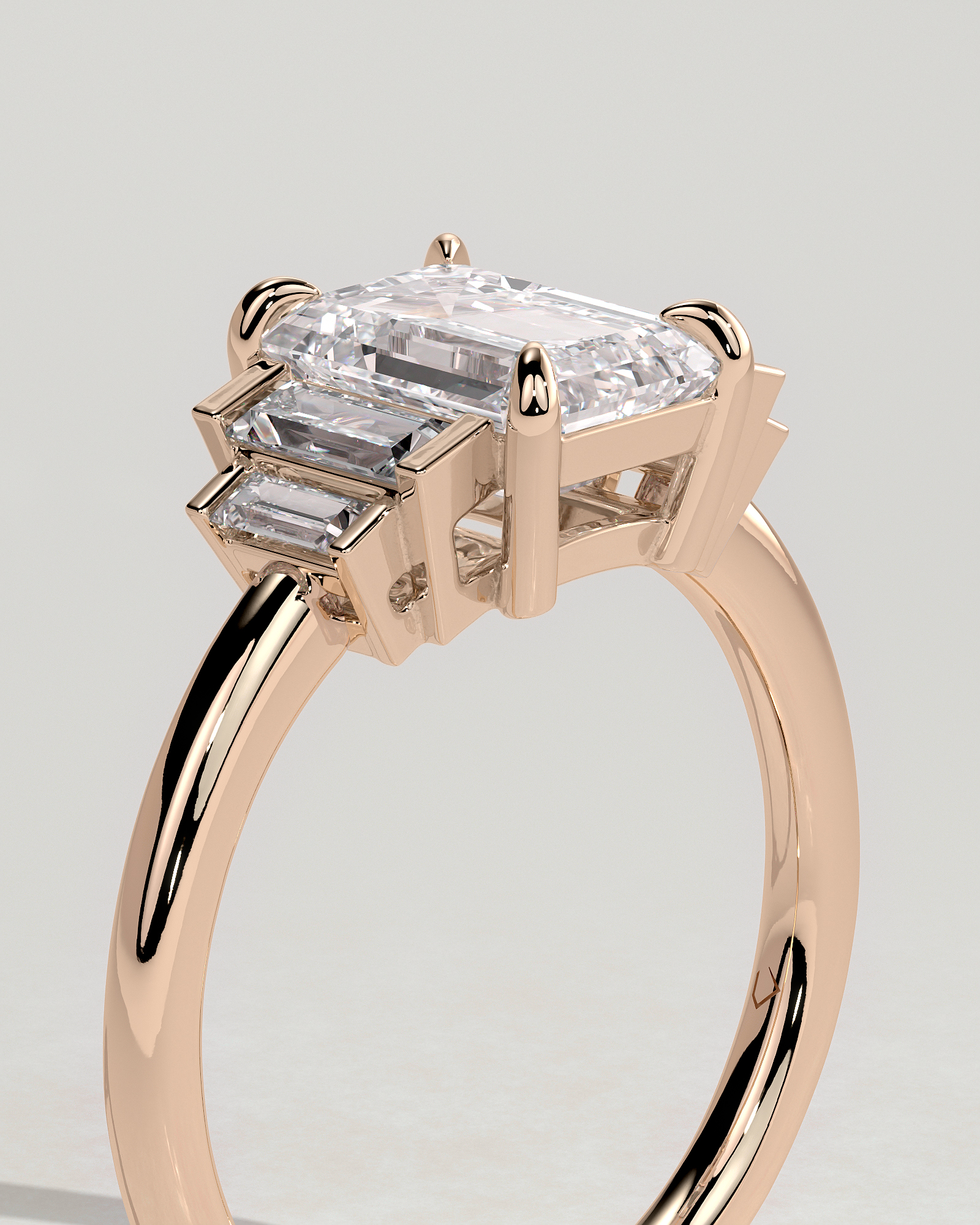 Nina - Emerald Trilogy with Baguette Side Stones - 18k Rose Gold