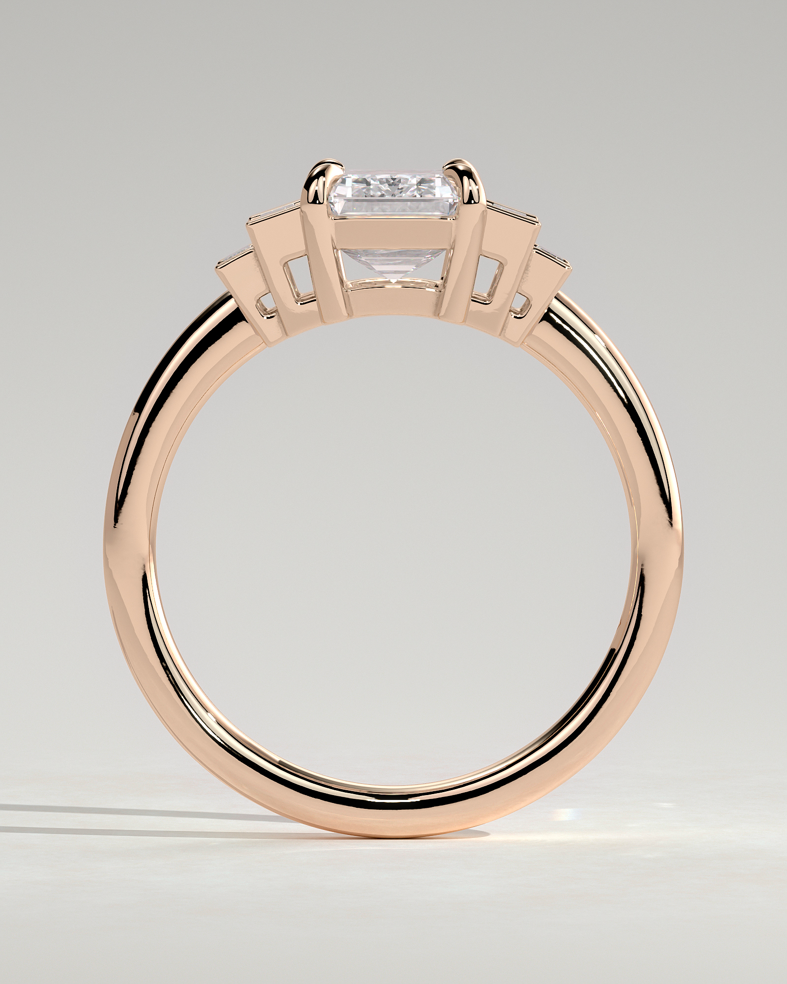 Nina - Emerald Trilogy with Baguette Side Stones - 18k Rose Gold