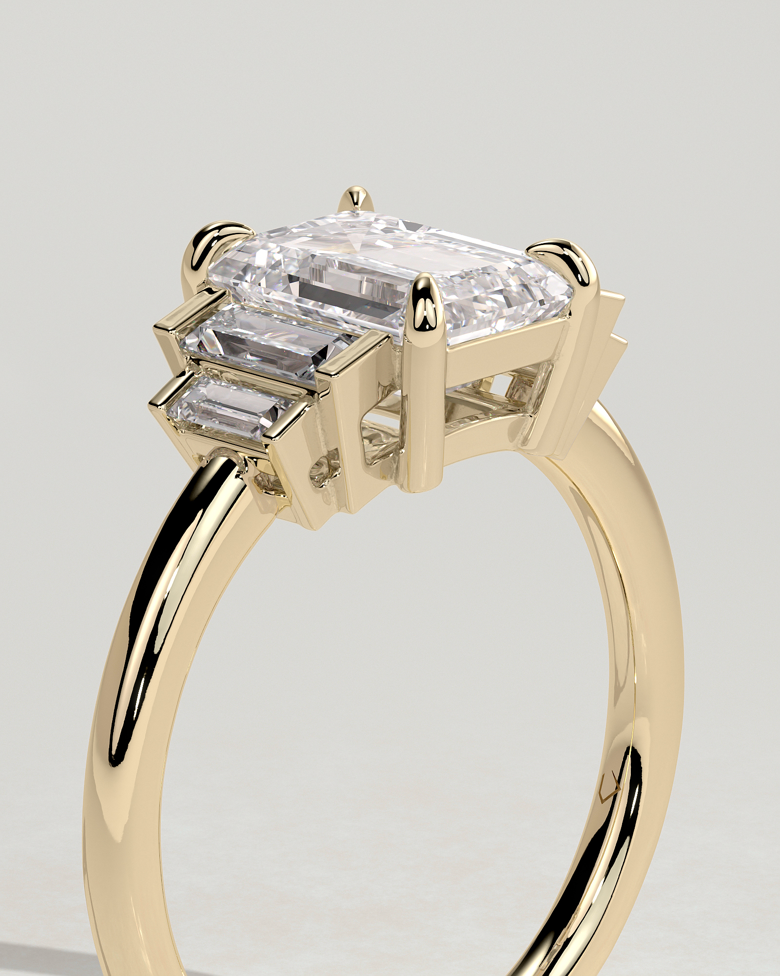 Nina - Emerald Trilogy with Baguette Side Stones - 18k Yellow Gold