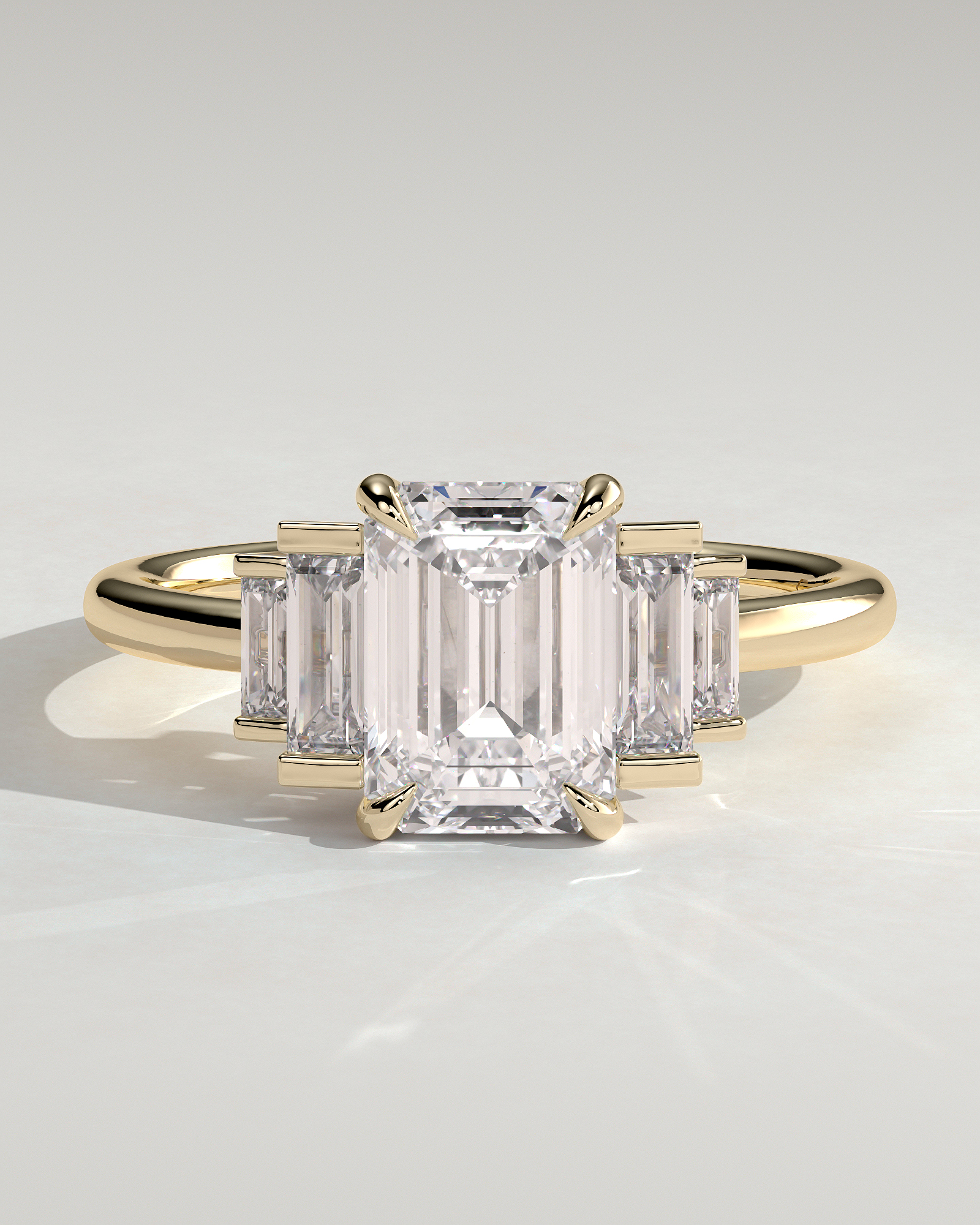 Nina - Emerald Trilogy with Baguette Side Stones - 18k Yellow Gold