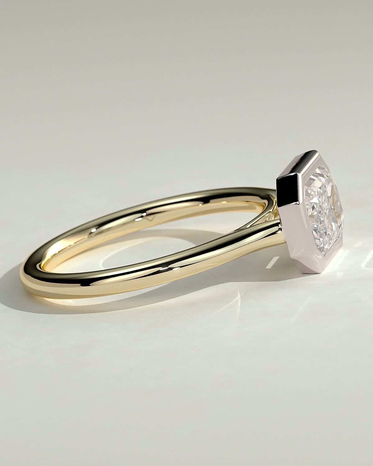 Olive - East West Emerald Solitaire with Cathedral Bezel Setting - 18k Yellow Gold / 18k White Gold