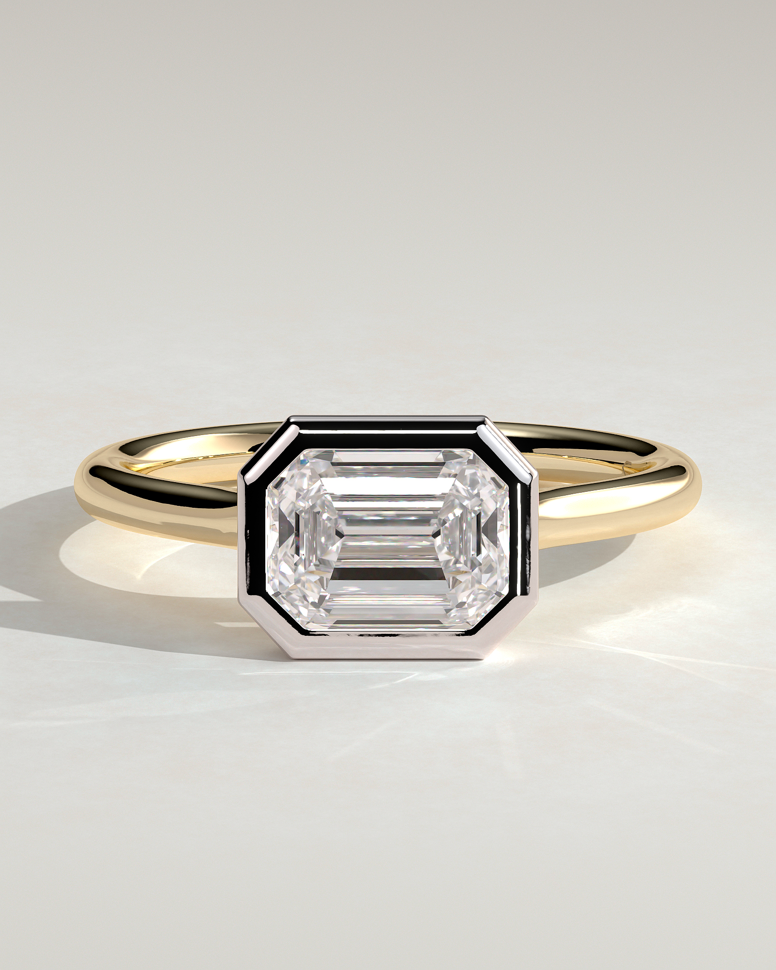 Olive - East West Emerald Solitaire with Cathedral Bezel Setting - 18k Yellow Gold / 18k White Gold
