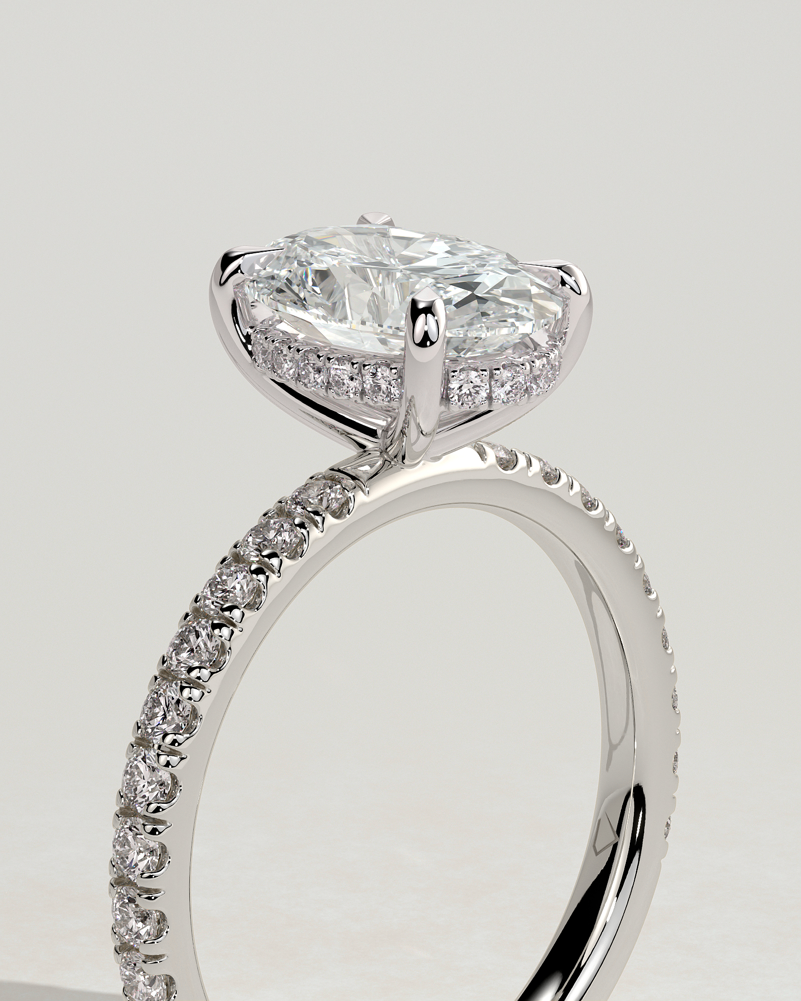 Paige - Oval 4 Claw Solitaire with Hidden Halo and Pave Band Engagement Ring - 18k White Gold