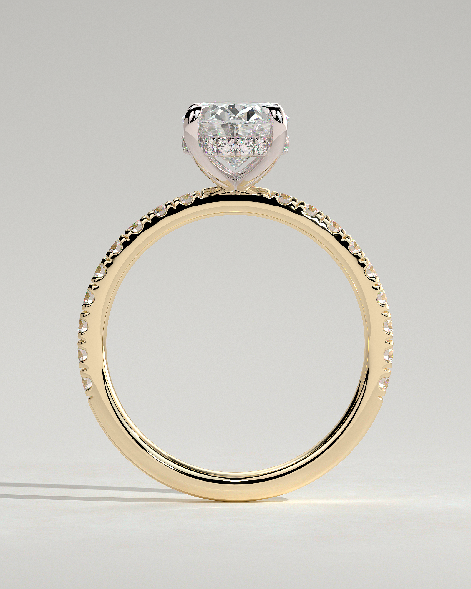 Paige - Oval 4 Claw Solitaire with Hidden Halo and Pave Band Engagement Ring - 18k Yellow Gold / 18k White Gold