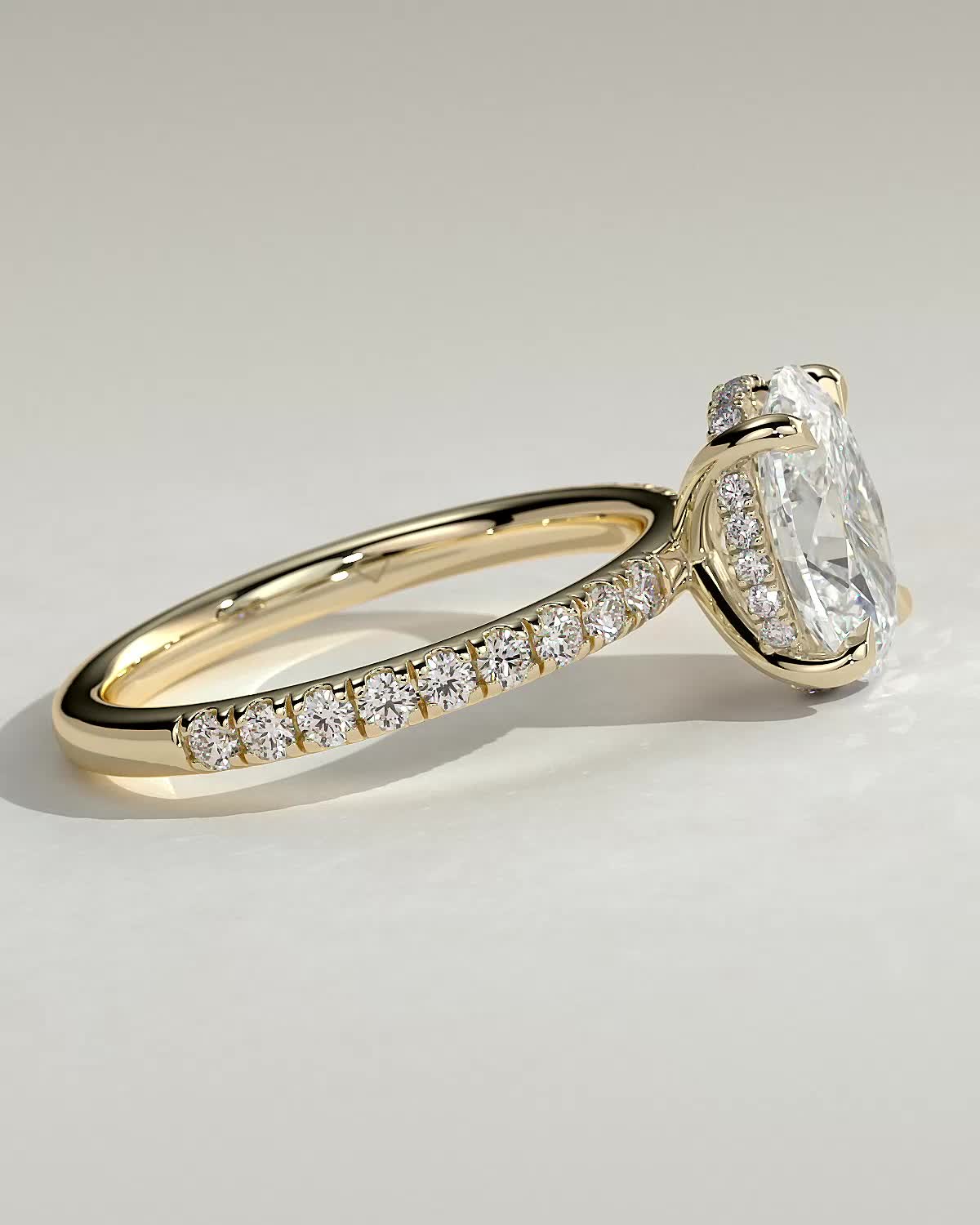 Paige - Oval 4 Claw Solitaire with Hidden Halo and Pave Band Engagement Ring - 18k Yellow Gold