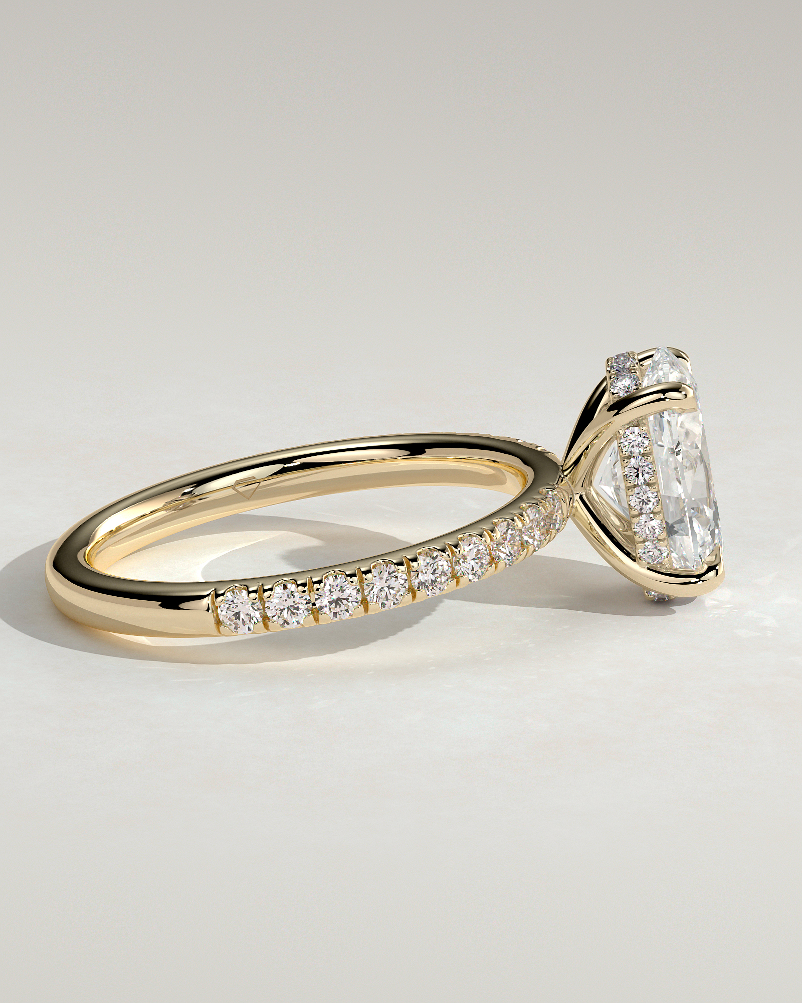 Paige - Oval 4 Claw Solitaire with Hidden Halo and Pave Band Engagement Ring - 18k Yellow Gold